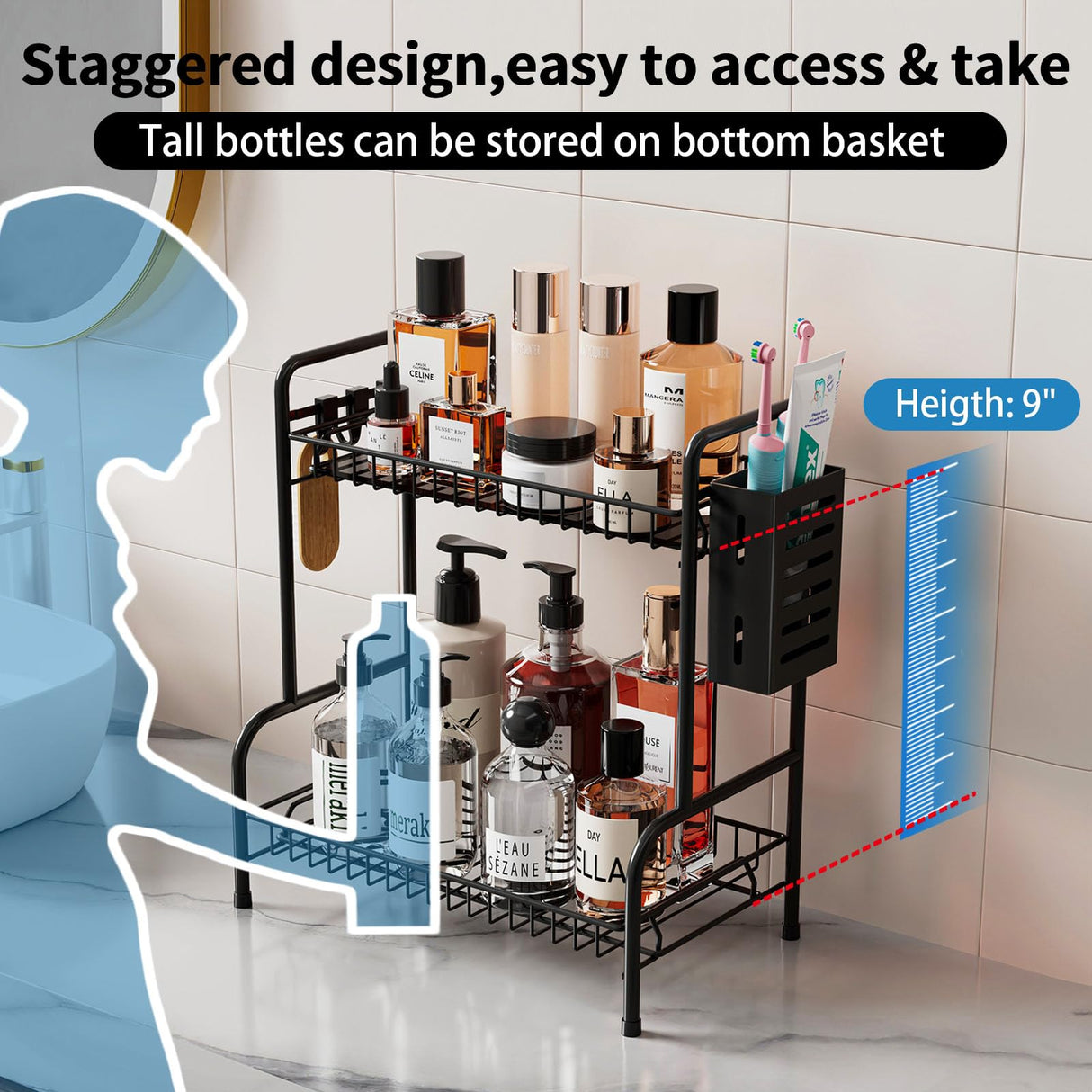 Bathroom Countertop Organizer With Toiletries Basket, 2 Tier Bathroom Counter Storage Rack with Adjustable Feetpad, No-Screw Caddy Stand for Vanity, Sturdy Metal Wire Black, Medium 12.8''L x 7.2''W USHARP