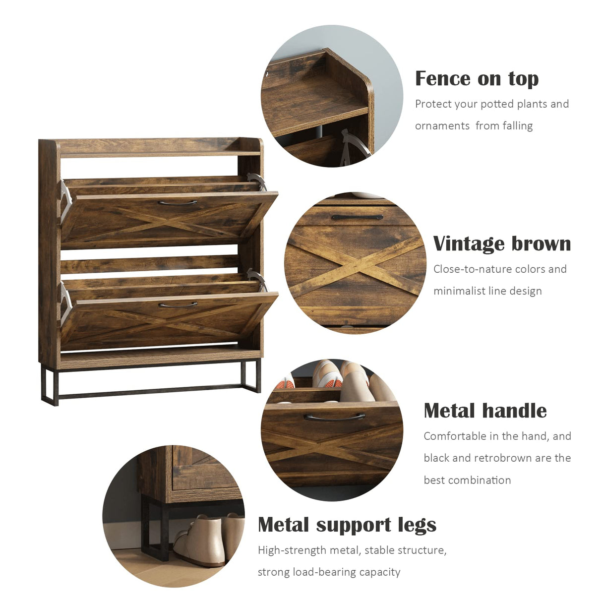 Maupvit Shoe Storage Cabinet with 2 Flip Drawers, Freestanding Organizer with Metal Legs for Entryway, Narrow Shoe Rack Cabinet, Rustic Brown Maupvit