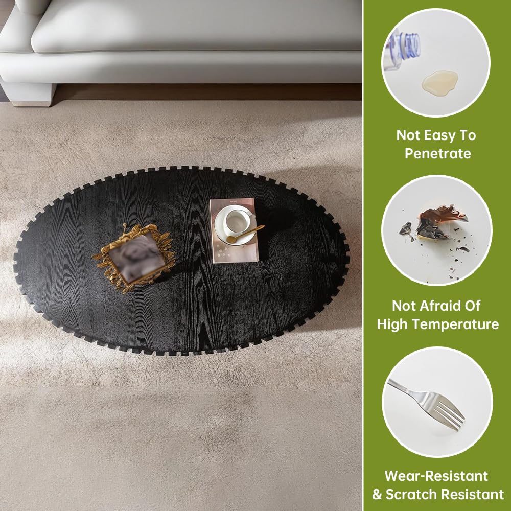 Oval Drum Coffee Table Handcraft Fluted Coffee Table Wood Round Drum Coffee Table Mid Century Modern Coffee Table Pedestal Coffee Table for Living Room Farmhouse (Black Oval) SOUWOFS