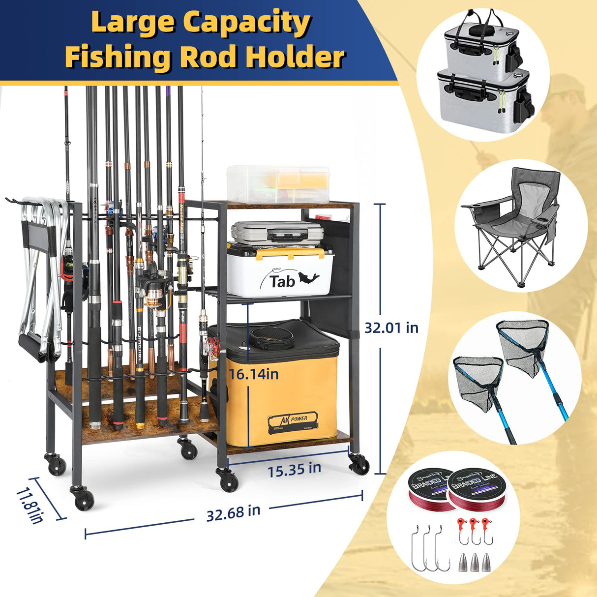 Olakee Fishing Rod Holders for Garage - Fishing Pole Holders up to 12 Rods, Fishing Gear Equipment Organizers Rod Tackle Cart for Home Entryway Corner Olakee