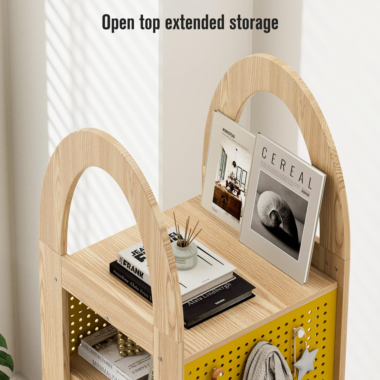 PulSpeed 360° Rotating Bookshelf 59" Tall - 4-Tier Solid Beech Wood & Iron Shelf DIY Pegboard, Anti-Tip Design Heavy Duty Storage for Small Space/Office/Living Room/Nursery/Apartment/Kid's Room PulSpeed