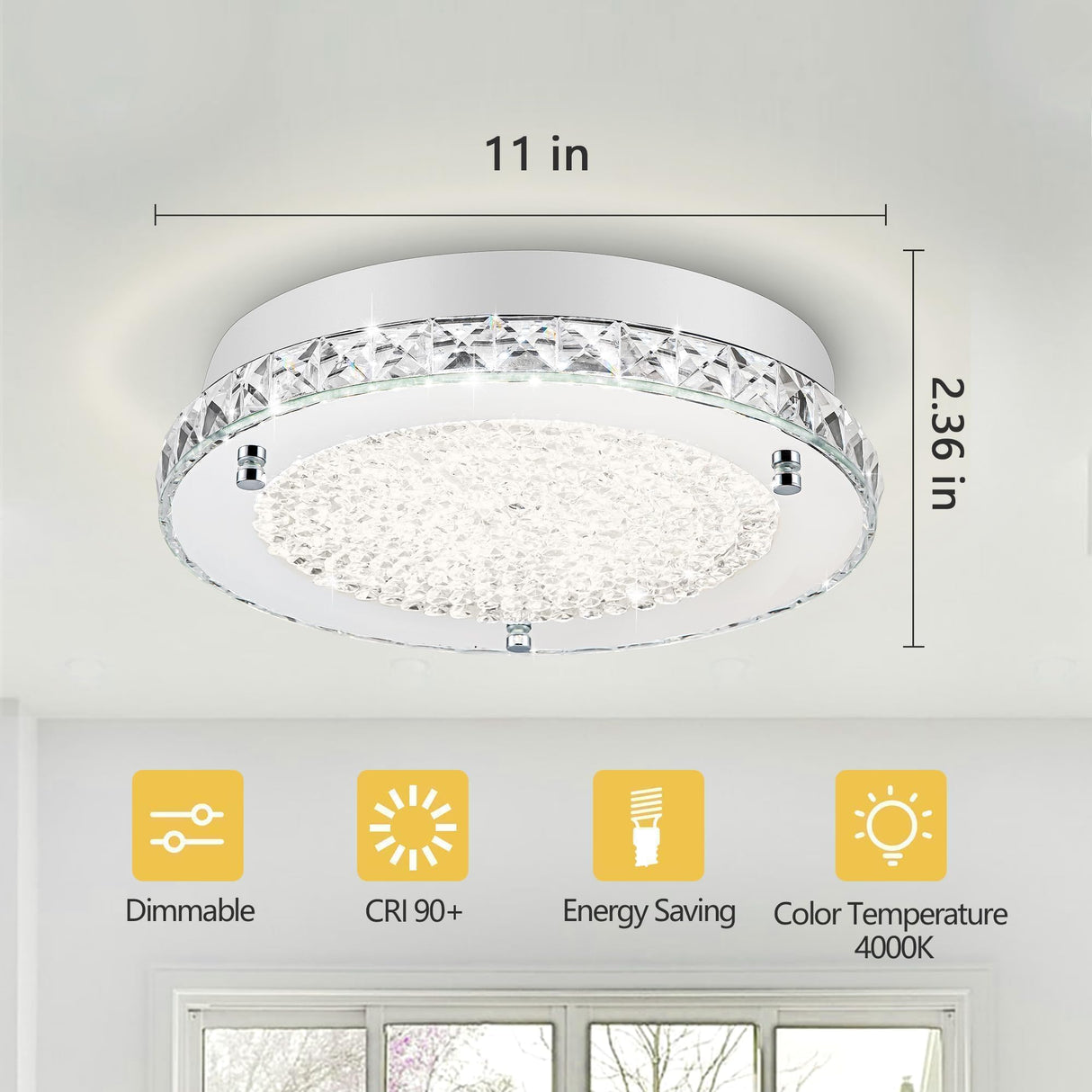 Lzawvm Crystal Ceiling Light Fixture, Flush Mount Bedroom Bathroom Hallway Light, 4000K LED Dimmable, 18W Lzawvm