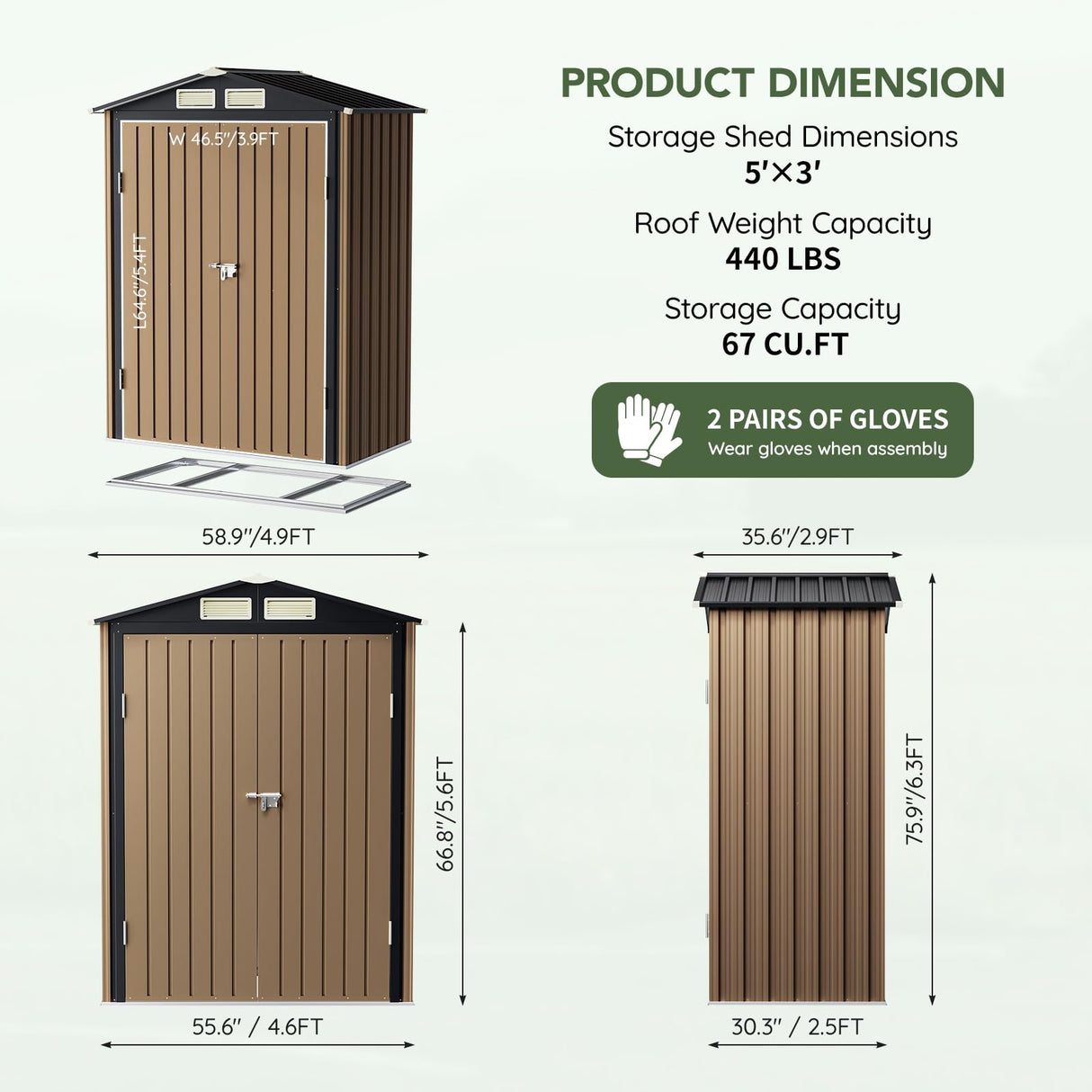 Grovellis 5x3 FT Outdoor Metal Storage Shed with Floor Frame, Double Door, 1 Clear Window, Tool Shed for Garden, Patio, Backyard Brown Grovellis