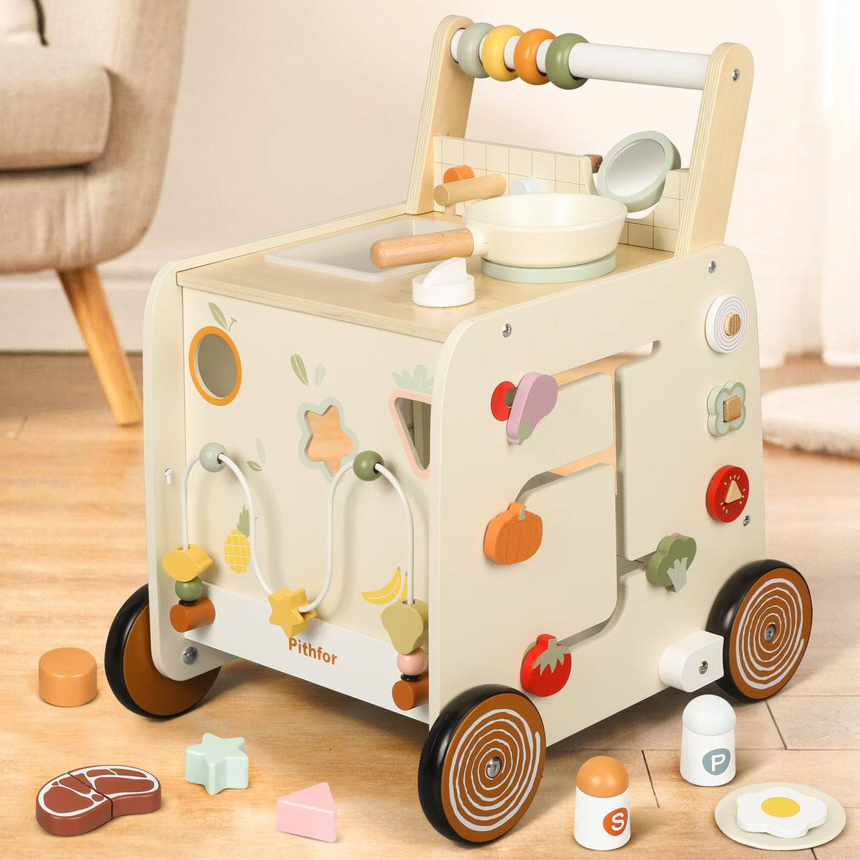 Pithfor Wooden Baby Walker, 3-in-1 Baby Push Walker, with Pretend Kitchen, Montessori Sensory Activity Center, Push Walker Toys for Babies Learning to Walk, Sit-to-Stand Pithfor
