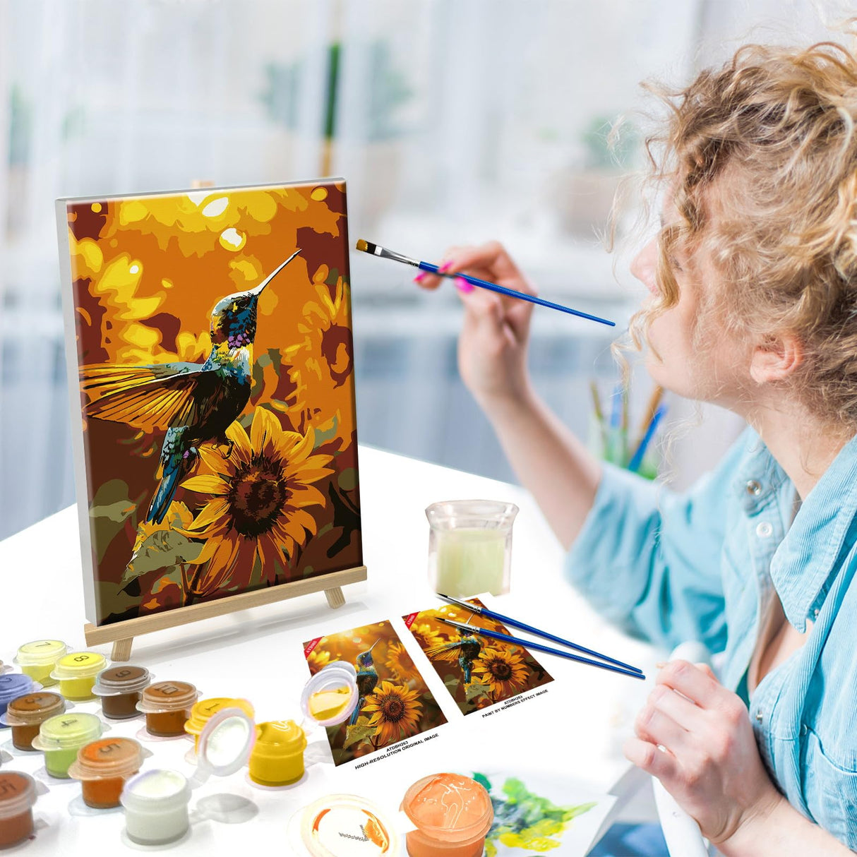 ATDMS Bird Paint by Numbers Kit for Adults with Frame Landscape Paint by Number with Easel DIY Flower Adult Paint by Number Kits Sunflower Paint by Numbers Kit on Canvas for Home Wall Decor 8x12 Inch ATDMS