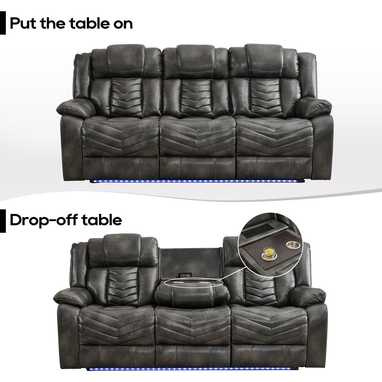 Manual Recliner Sofa Set 3 Piece with Wireless Charger for Living Room,Leather 3 Seater Reclining Couch with Bass Speakers and Loveseat Theater Seating,Home Electric Recliner Chair with LED Light,Grey Comfort Stretch