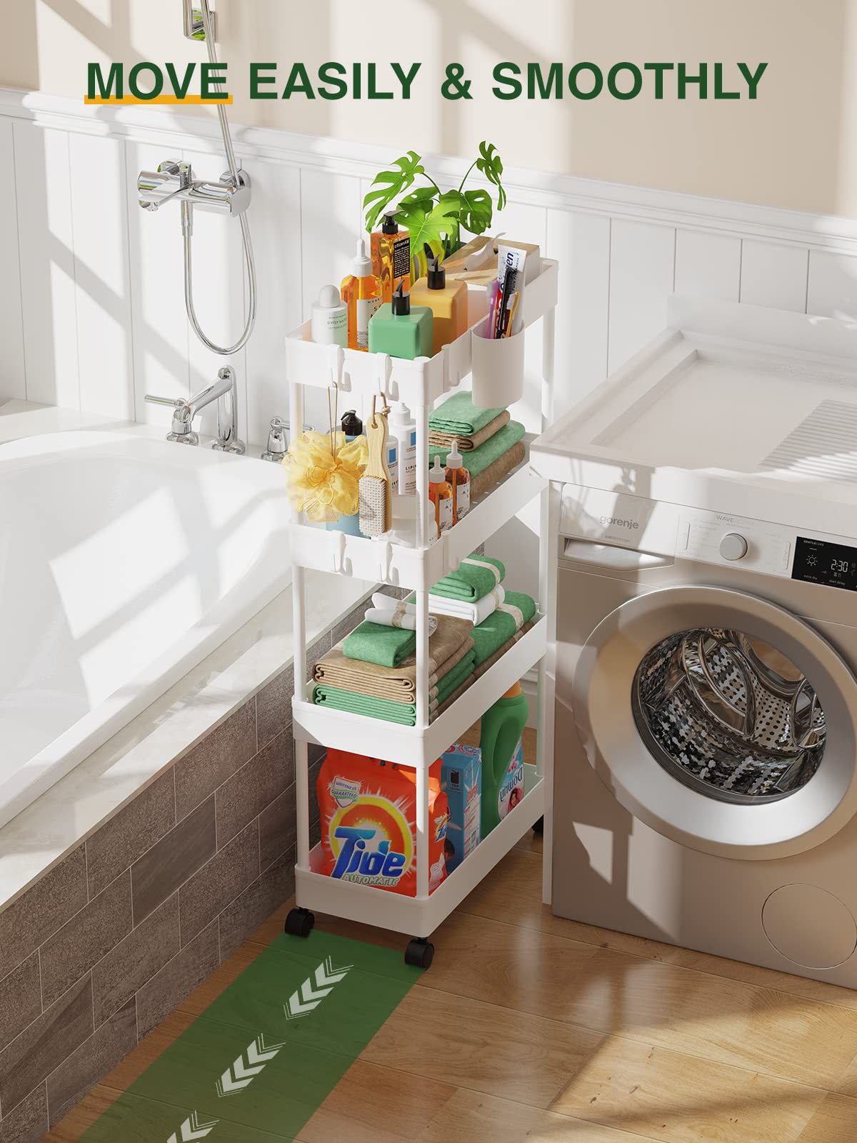 LEHOM Slim Rolling Storage Cart - 4 Tiers Bathroom Organizer Utility Cart Slide Out Storage Shelves Mobile Shelving Unit for Kitchen, Bedroom, Office, Laundry Room, Small Narrow Spaces (Pear White) LEHOM