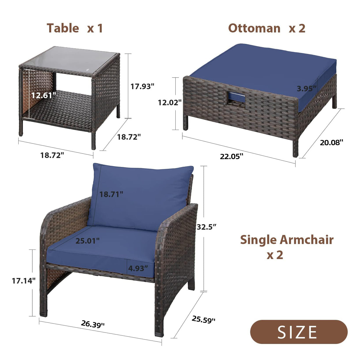 LEVELEVE Balcony Furniture 5 Piece Patio Conversation Set, PE Wicker Rattan Outdoor Lounge Chairs with Soft Cushions 2 Ottoman&Glass Table for Porch, Lawn-Brown Wicker LEVELEVE