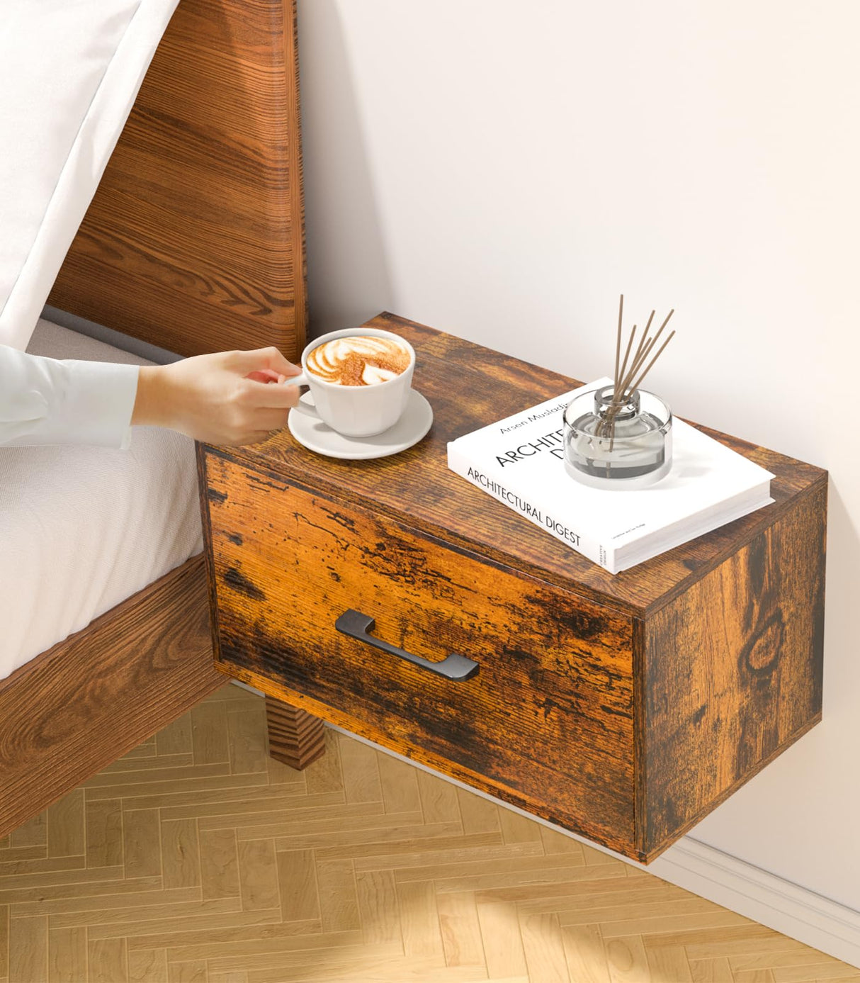 Adowes Floating Nightstand Shelf with Drawer, Wall Mounted Nightstand, Floating Drawer for Wall, Small Nightstand with Drawer, Floating Bedside Shelf for Bedroom, Rustic Brown Adowes