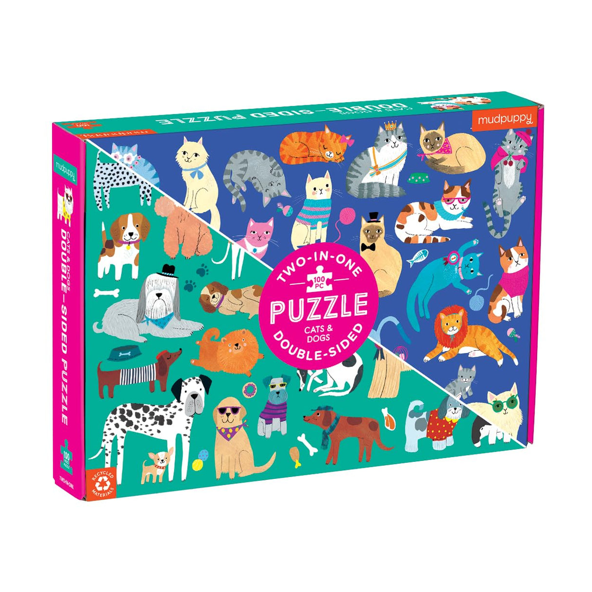 Mudpuppy Cats and Dogs Double-Sided Puzzle, 100 Pieces, 22”x16.5” – Perfect Family Puzzle for Ages 6+ - Colorful Illustrations of Dogs on One Side and Cats on the Other – Two Fun Puzzles in One Box Mudpuppy