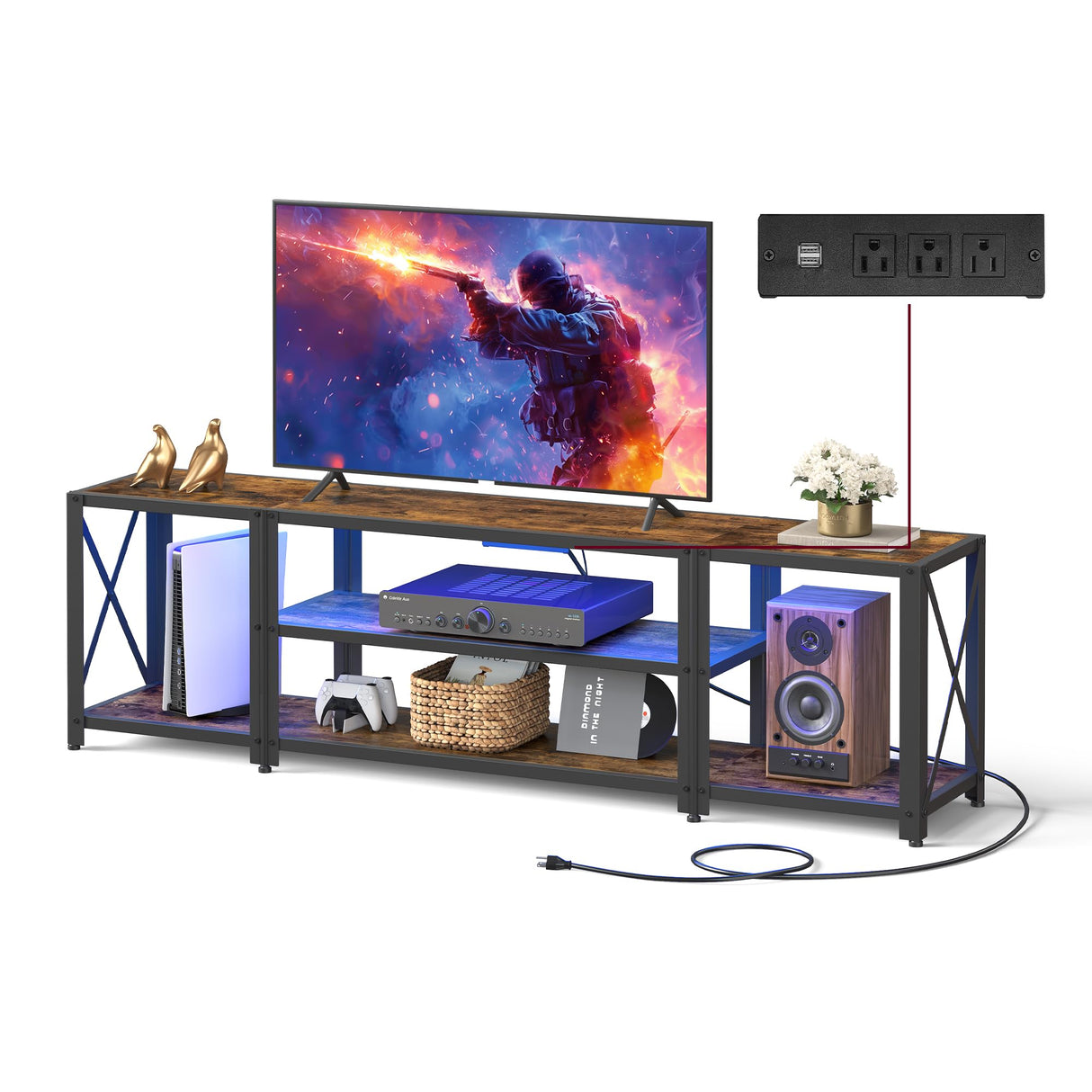 VASAGLE TV Stand with Power Outlets and LED Lights, for TVs up to 75 Inches, Entertainment Center with Open Storage Shelves, TV Console Table for Living Room, Rustic Brown and Ink Black ULTV122K01 VASAGLE