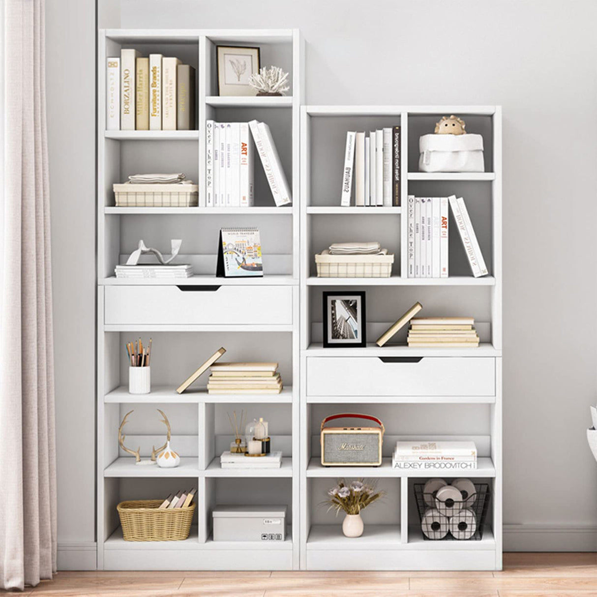 IOTXY Scandinavian Minimalist Wooden Open Shelf Bookcase - 71-Inch Freestanding Storage Cabinet with 10 Cubes and Drawer in Warm White IOTXY