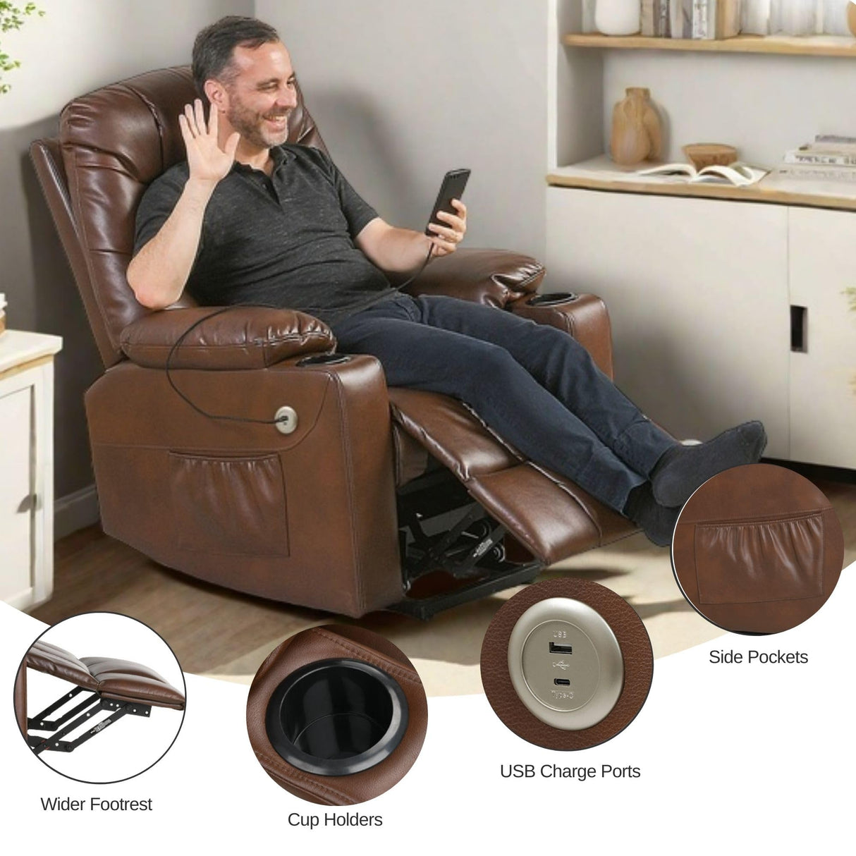 YITAHOME Power Lift Recliner Chair with Massage and Heat,Electric Fabric Recliner Chair for Elderly with USB Ports, Side Pockets, Remote Control, Cup Holders for Living Room, Brown3 YITAHOME