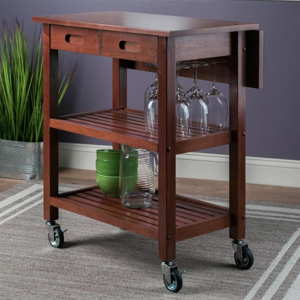 Winsome 94734 Jonathan 2 Drawer Rolling Kitchen Cart in Walnut Winsome