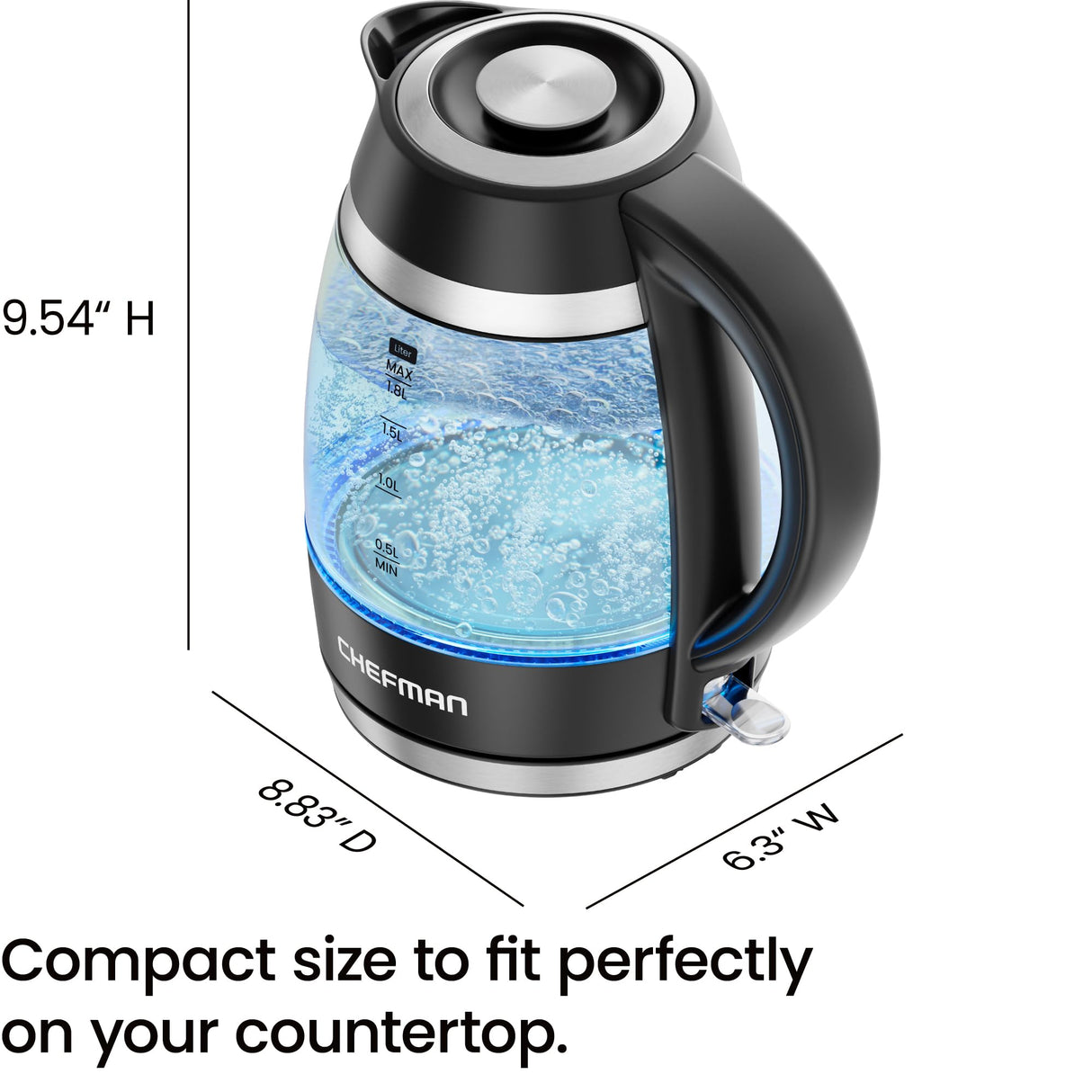 Chefman Electric Kettle, 1.8L 1500W, Hot Water Boiler, Removable Lid for Easy Cleaning, Auto Shut Off, Boil-Dry Protection, Stainless Steel Filter, BPA Free, Borosilicate Glass Electric Tea Kettle Chefman