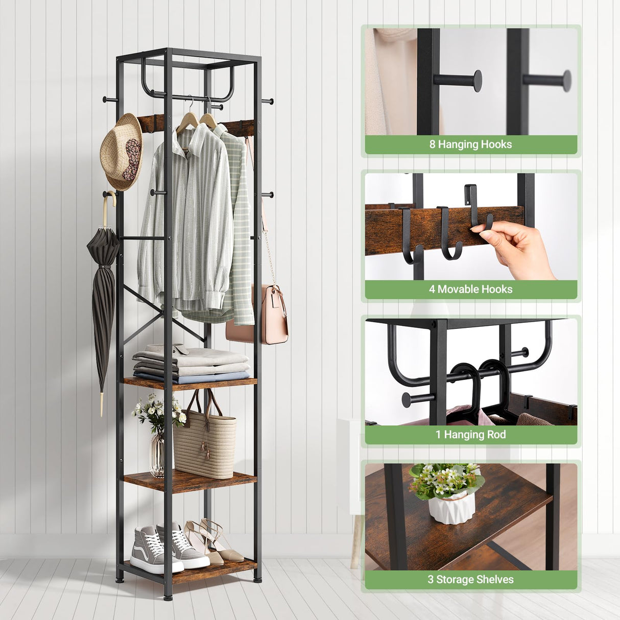 ELYKEN Coat Rack Freestanding, Hall Tree with 3 Storage Shelves and 12 Hooks, Industrial Clothes Rack Stand Organizer for Bedroom, Hallway, Entryway, Office, Living Room, Rustic Brown ELYKEN