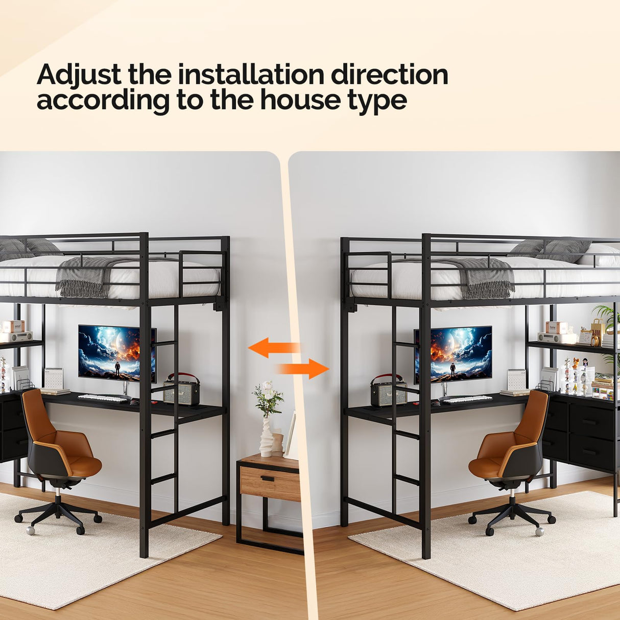 VINGLI Full Metal Loft Bed Frame with L-Shaped Desk, 15 Inches Guardrail, Non-Slip Ladder, 2 Charging Stations, Storage Shelves/4 Drawers/LED Lights, for Kids Teens Adults, No Box Spring Needed, Black VINGLI