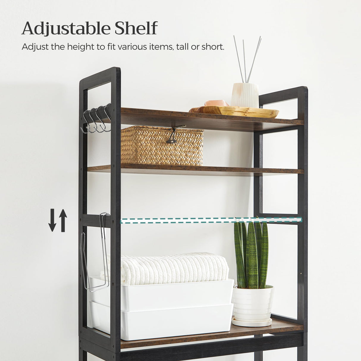 SONGMICS Over-The-Toilet Storage, 3-Tier Bathroom Organizer Over Toilet with Adjustable Shelves, Hooks, Bamboo, Freestanding Space Saver Bathroom Shelves, Rustic Brown and Ink Black UBTS012B01 SONGMICS