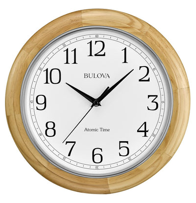 Bulova C5005 Wooden Atomic Analog Wall Clock | Automatically Sets Time | Large Roman Numerals | Battery Operated | Traditional Design