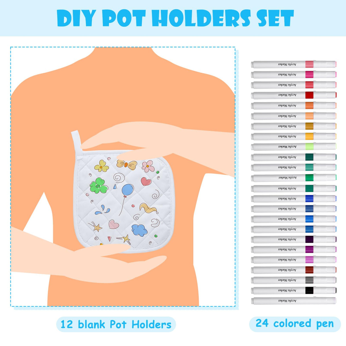 Newtay 36 Pcs Christmas Pot Holders Craft Project Set Including 12 White Pot Holders and Oven Mitts with 24 Makers for Kitchen Heat Resistant Cooking and Baking DIY Activities Newtay