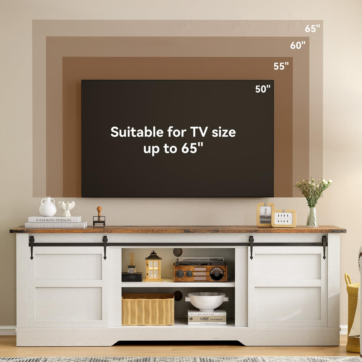 oneinmil 66” Farmhouse TV Stand, Modern Rustic Entertainment Center with Sliding Barn Door and Storage Cabinets, Metal Media TV Console with Set of Shelf for TVs up to 75”, White oneinmil