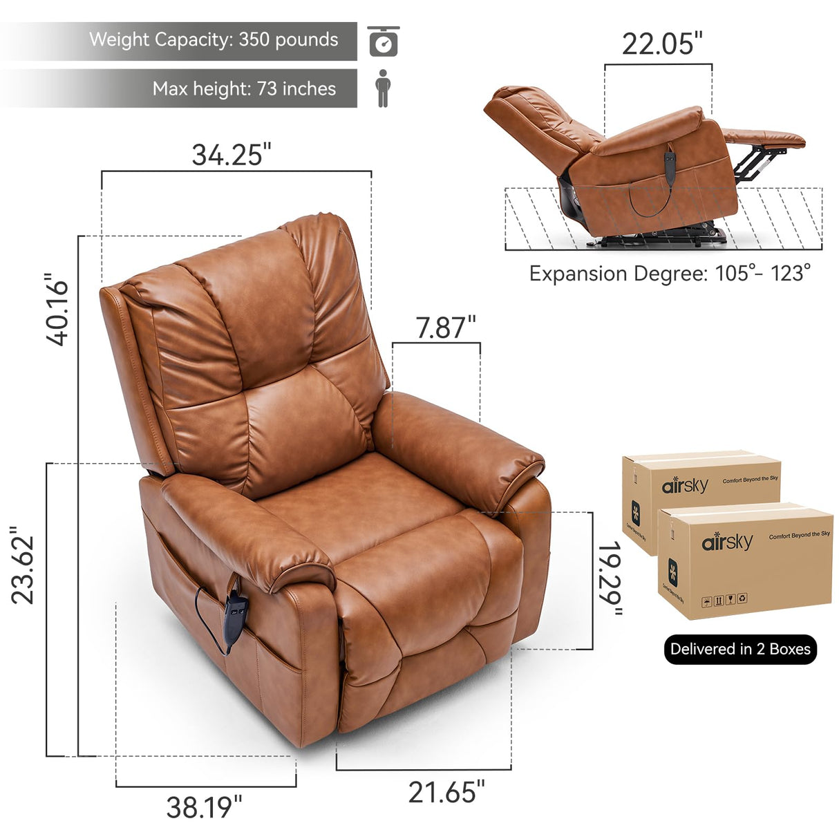 AIRSKY Power Lift Recliner Chair, Faux Leather, with Vibration Massage & Lumbar Heating, Dual Cup Holders & Side Pockets, Ideal for Elderly, Living Room, P3, Brown AIRSKY
