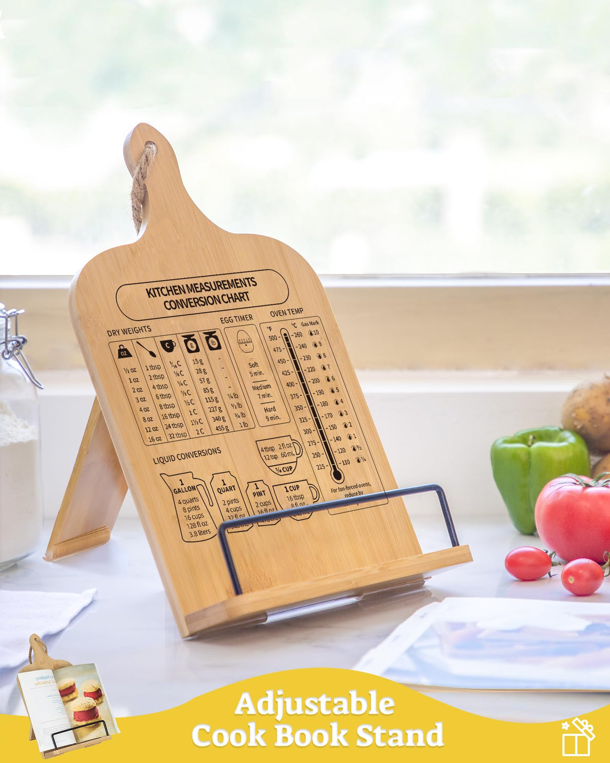 IKEDAS Bamboo Cookbook Stand, Sturdy Cook Book Holder, Recipe Book Holder with Measurement Conversion Chart, Cookbook Stand for Kitchen Counters, Essential Accessories for Holding Cookbooks ikedas