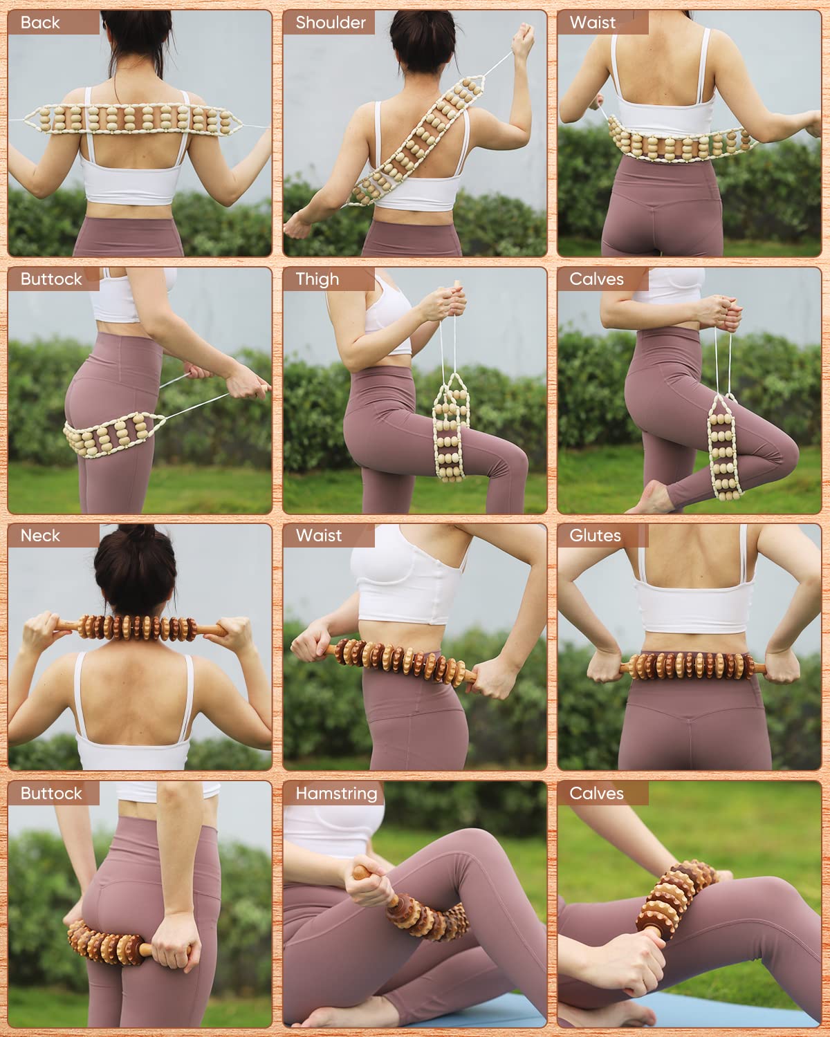 ONUEMP 2PCS Wood Therapy Massage Tools, Wooden Massage Roller Stick & Back Massager Roller Rope, Maderoterapia Kit Colombiana for Lymphatic Drainage, Anti Cellulite, Body Sculpting, Ease Deep Tissue ONUEMP