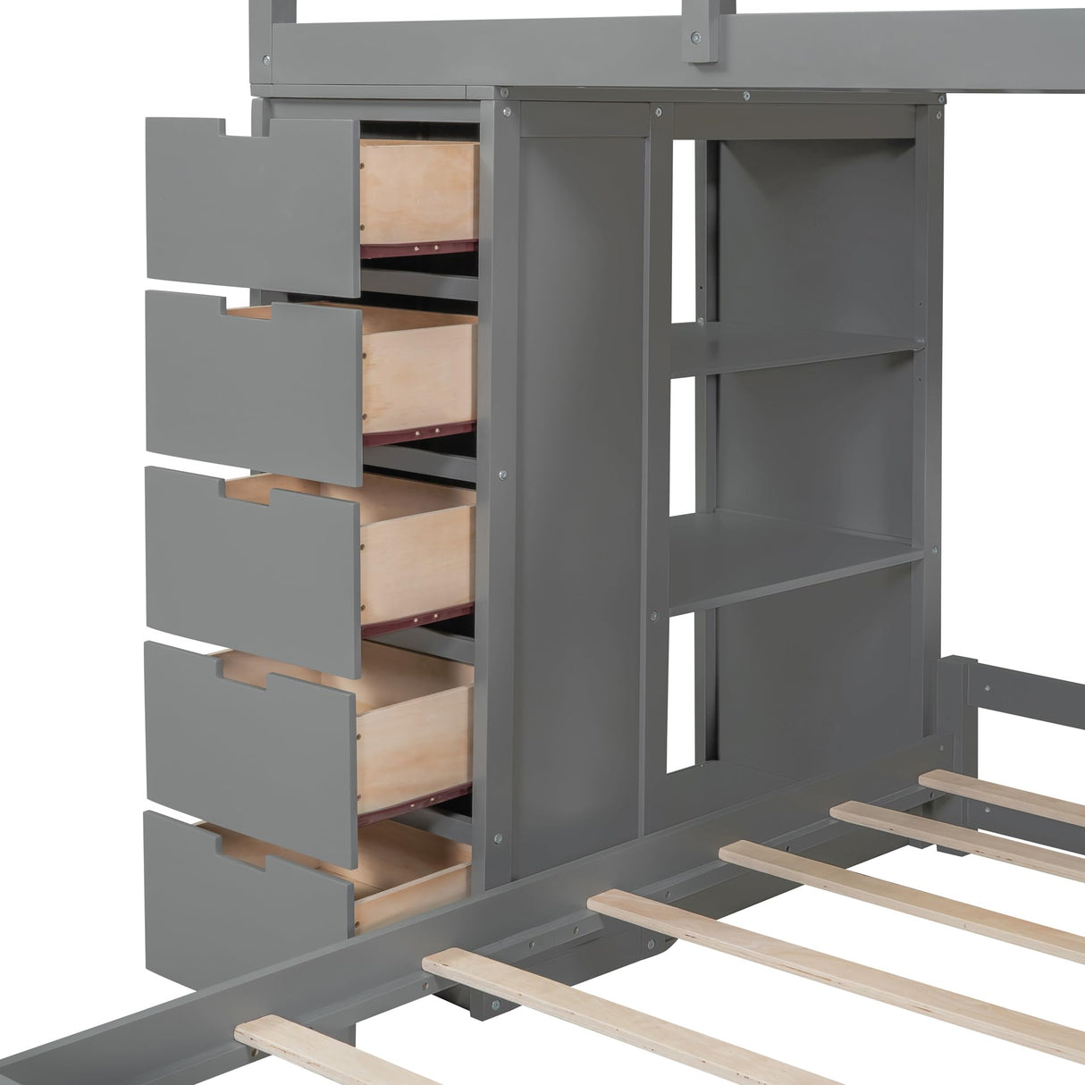 JIVOIT L-Shaped Twin Over Twin Bunk Bed with LED Light, USB Ports, Desk, Drawers, and Open Shelves in Gray JIVOIT