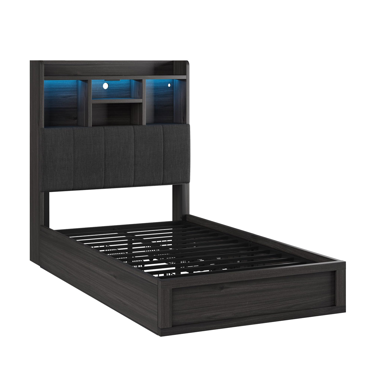 AMERLIFE Twin Bed Frame with 51.2" Tall Bookcase Headboard, Farmhouse Platform Bed with 4 Storage Drawers, Linen Upholstered, Charging Station & Storage, Rustic Black AMERLIFE