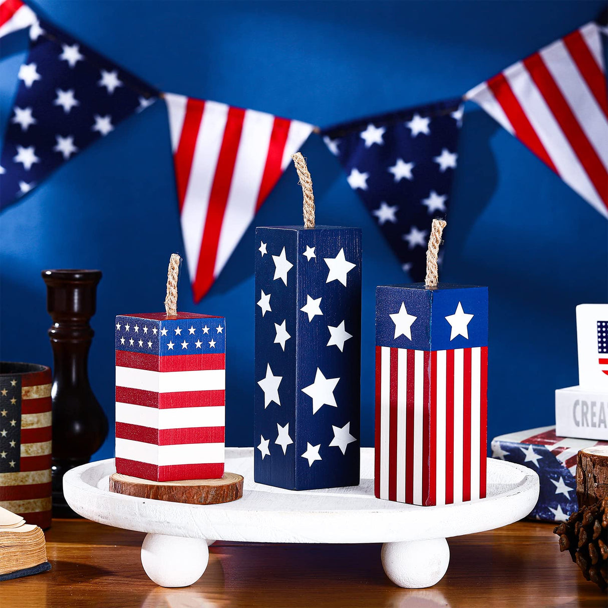 Weysat 3 Pcs Patriotic Wood Block Sign Memorial Day 4th of July Table Decor Glitter Red White Blue Star Signs Firework Tabletop Centerpiece American Flag Independence Day Tiered Tray Decor for Home Weysat