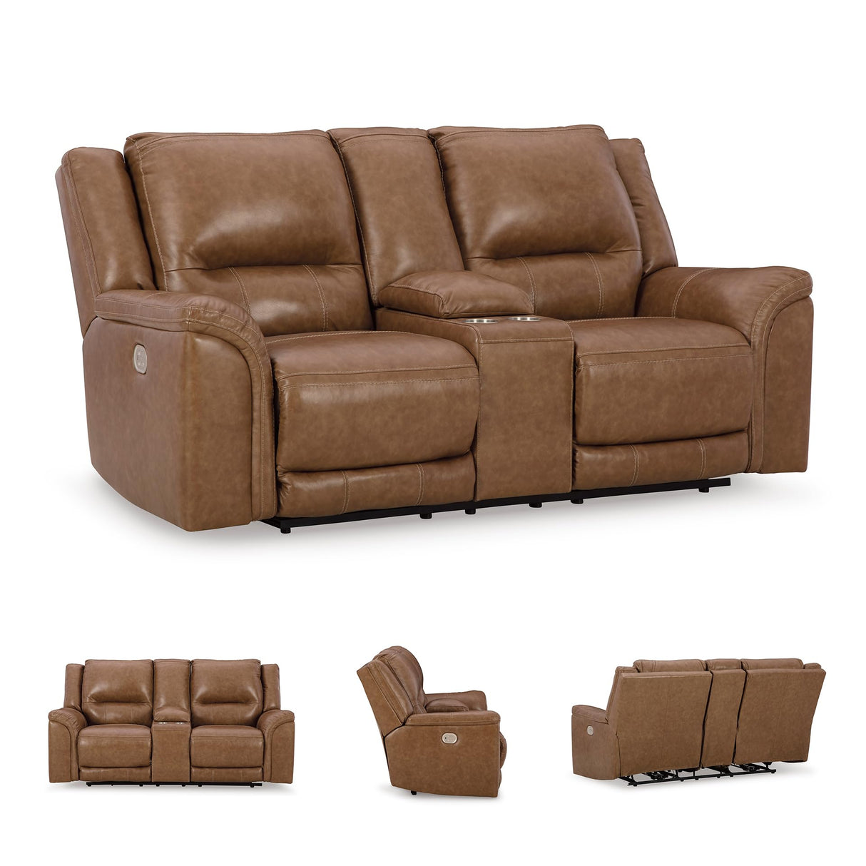 Signature Design by Ashley Trasimeno Contemporary Leather Match Power Reclining Loveseat with Console, Adjustable Headrest and USB Ports, Dark Brown Signature Design by Ashley