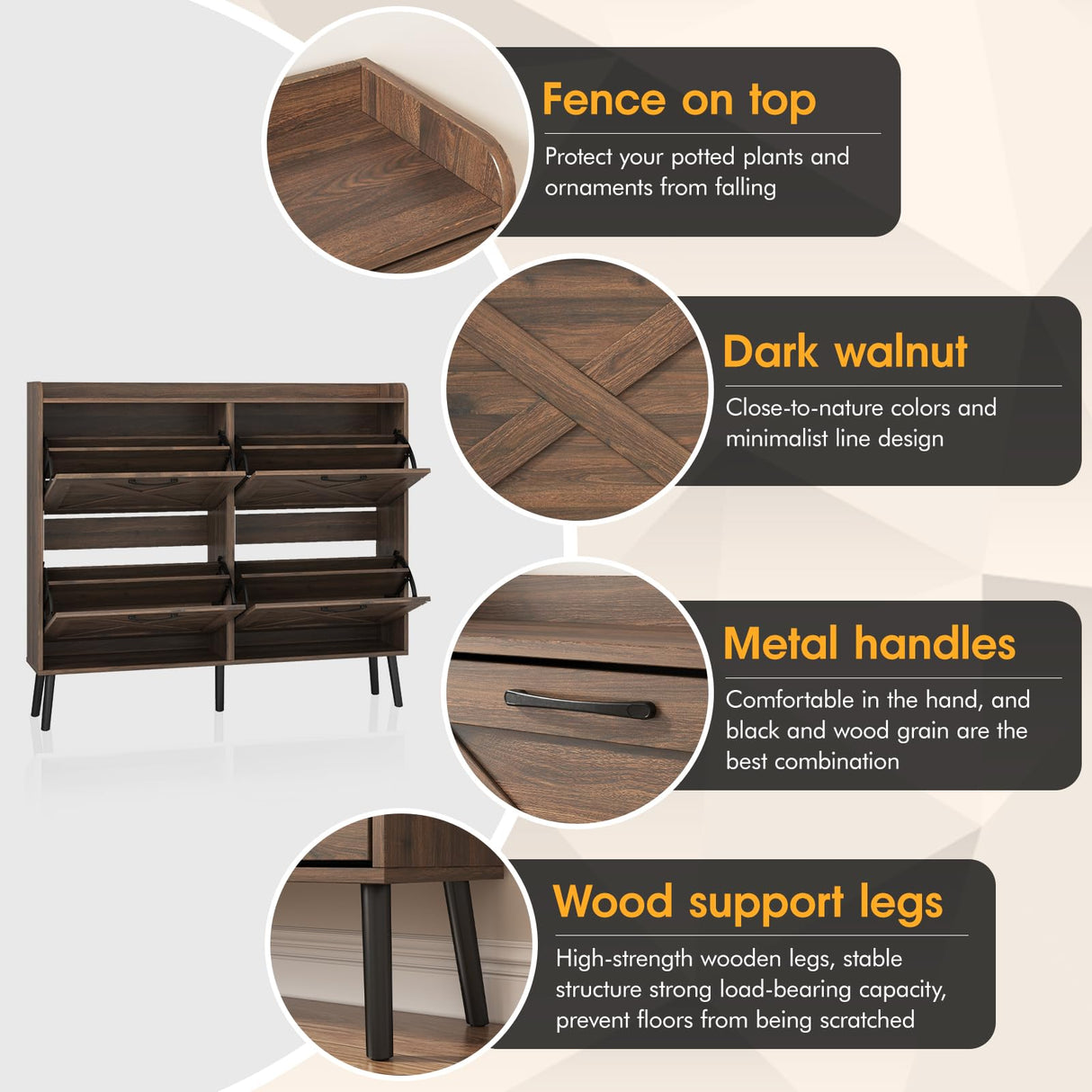 Maupvit Large Shoe Storage Cabinet with 4 Flip Drawers, Narrow Shoe Cabinet for Entryway with Wooden Legs, Freestanding Hidden Shoe Rack Organizer & Metal Hinges, Walnut Maupvit