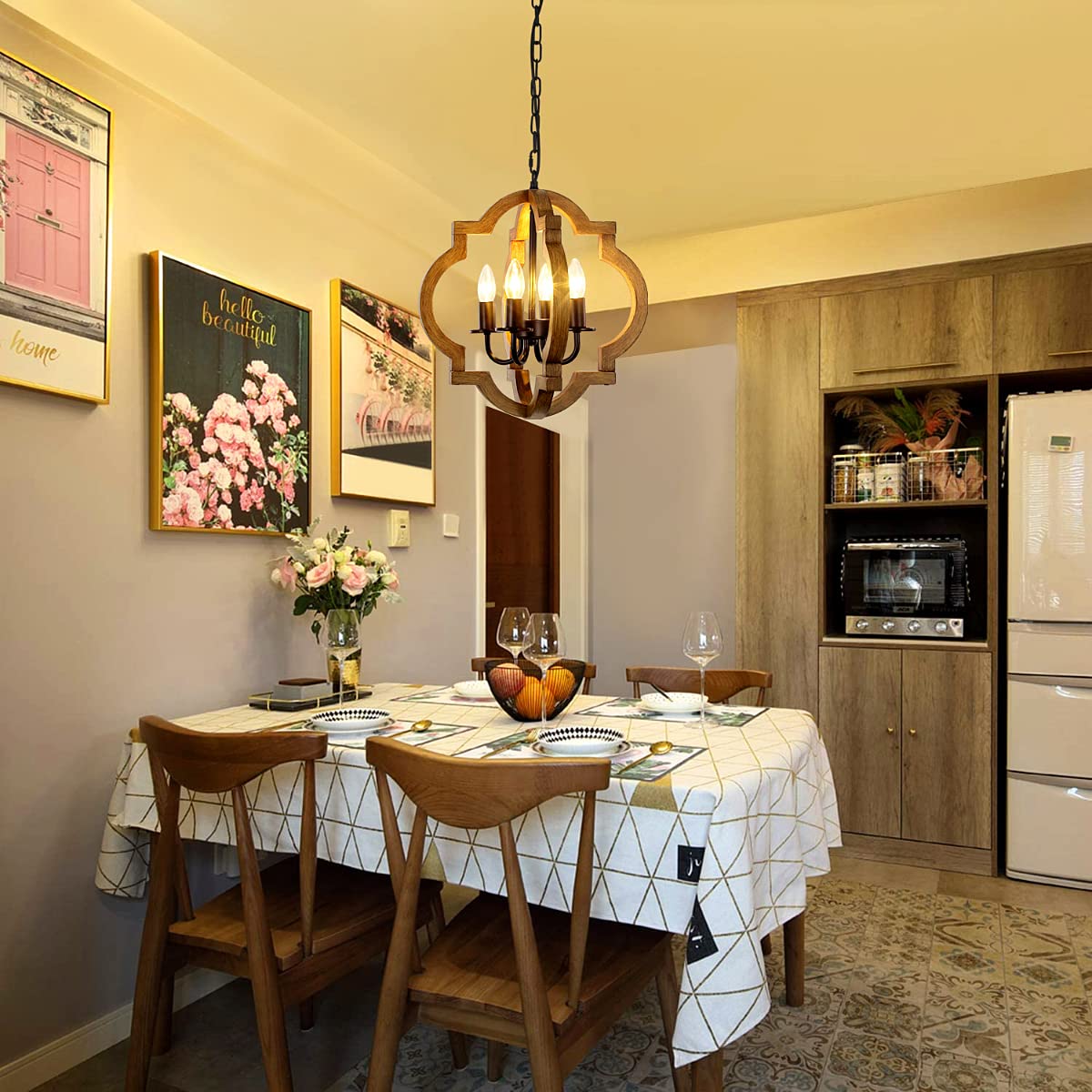 Farmhouse Orb Chandelier, Rustic Wood Chandelier for Dining Room, 4-Light Pendant Light for Kitchen Island Hallway Foyer Entryway Bedroom, Adjustable Height TOULMJ