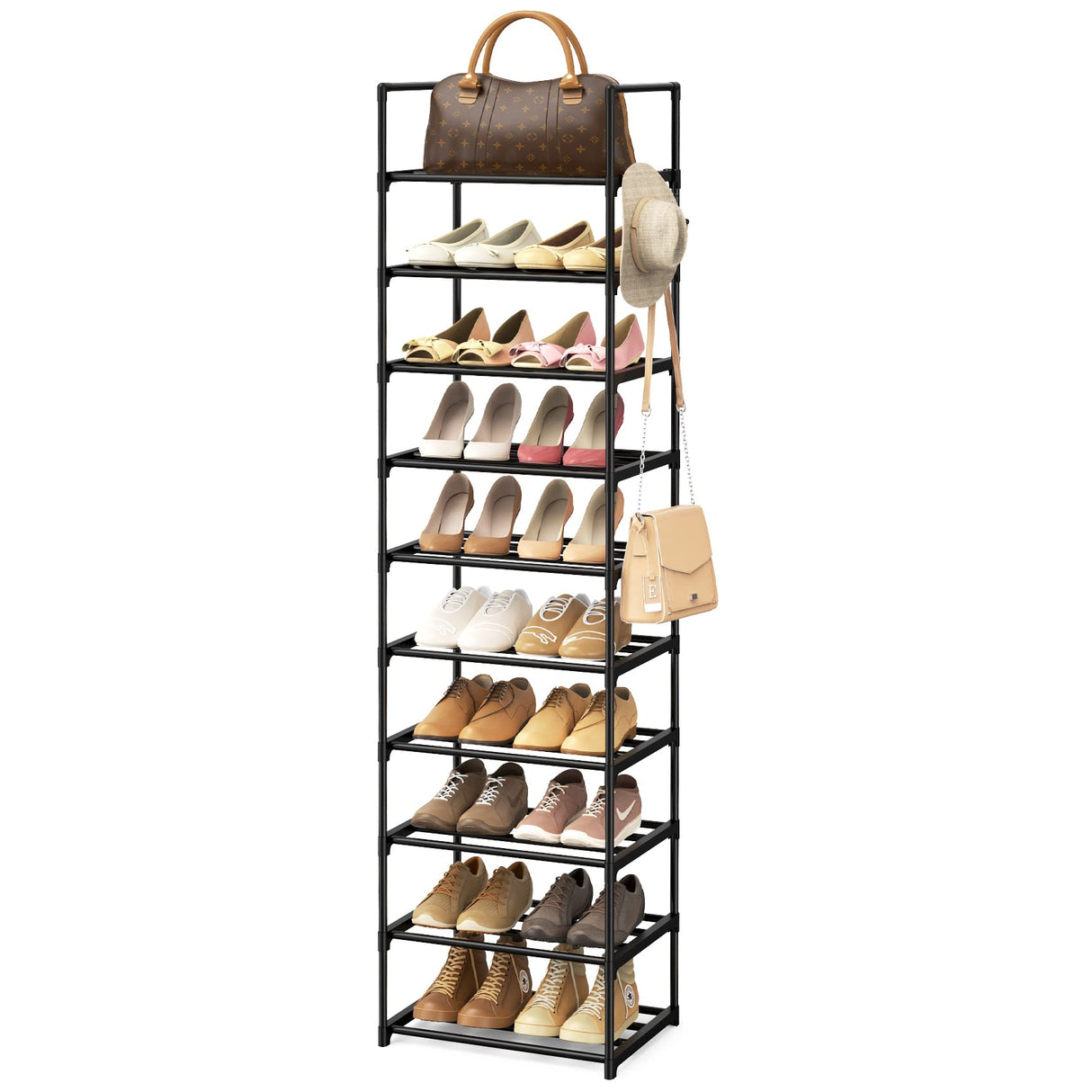 WEXCISE Narrow Shoe Rack 10 Tiers Tall Shoe Rack for Entryway 20 24 Pairs Shoe & Boots Organizer Storage Shelf Durable Black Metal Stackable Shoe Cabinet with Hooks, 17.1D x 11.8W x 78.7H in WEXCISE