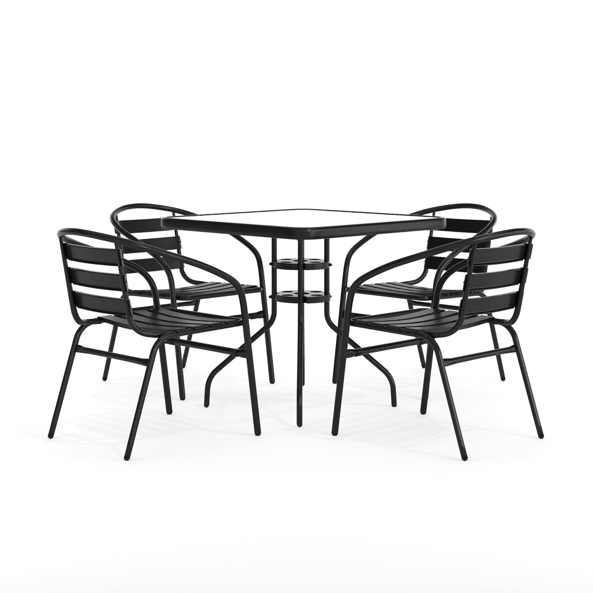 Flash Furniture 5-Piece Patio Dining Set with 31.5" Square Glass Metal Table and 4 Stackable Slat Back Chairs, Indoor/Outdoor Bistro Table and Chairs Set, Black Flash Furniture