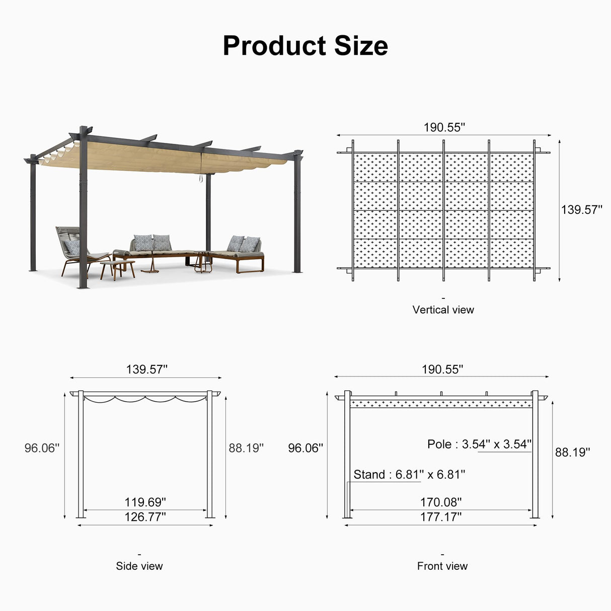 PURPLE LEAF 12' X 16' Outdoor Pergola with Retractable Canopy Aluminum Shelter for Porch Garden Beach Sun Shade Pavilion Grape Trellis Grill Gazebo Modern Backyard Deck Metal Patio Pergola Beige PURPLE LEAF