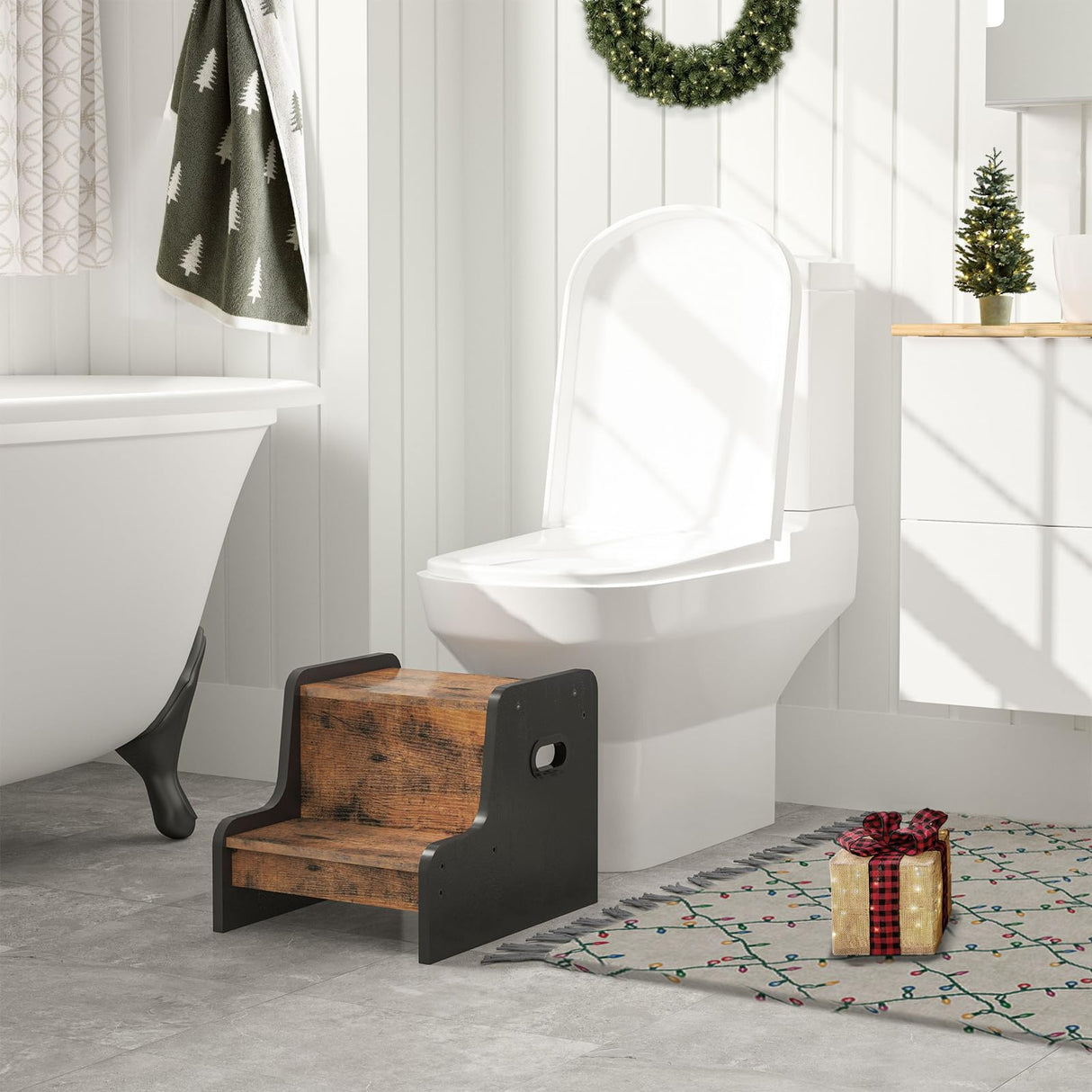 HOOBRO Step Stool for Kids, Two Step Toddler's Stool, Kids Potty Training Stool with Handles, Non-Slip Pads for Safety, Easy to Move, for Sink, Bathroom, Bedroom, Rustic Brown BF01JD01G1 HOOBRO