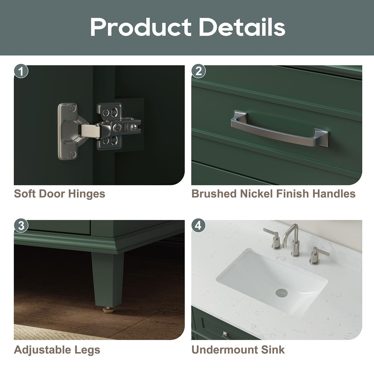 DELUXE LIVING 60 Inch Bathroom Vanity with Sink, Single Sink Bathroom Vanity with Adjustable Feets, Modern Bathroom Storage Cabinet with Soft Closing Doors & Dovetail Drawers, Green DELUXE LIVING