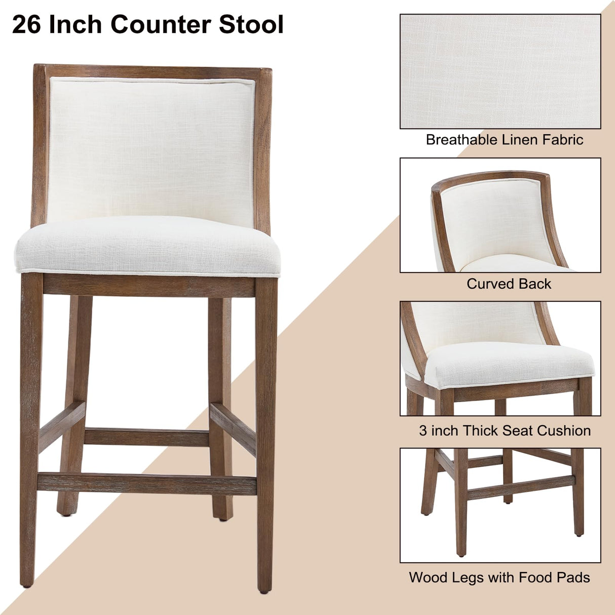 Kmax 26” Counter Height Bar Stool Set of 2, Farmhouse Upholstered Fabric Barstools with Curved Back and Solid Wood Legs, 20.5” W Bar Chair Counter Stool for Kitchen Island, Beige Kmax
