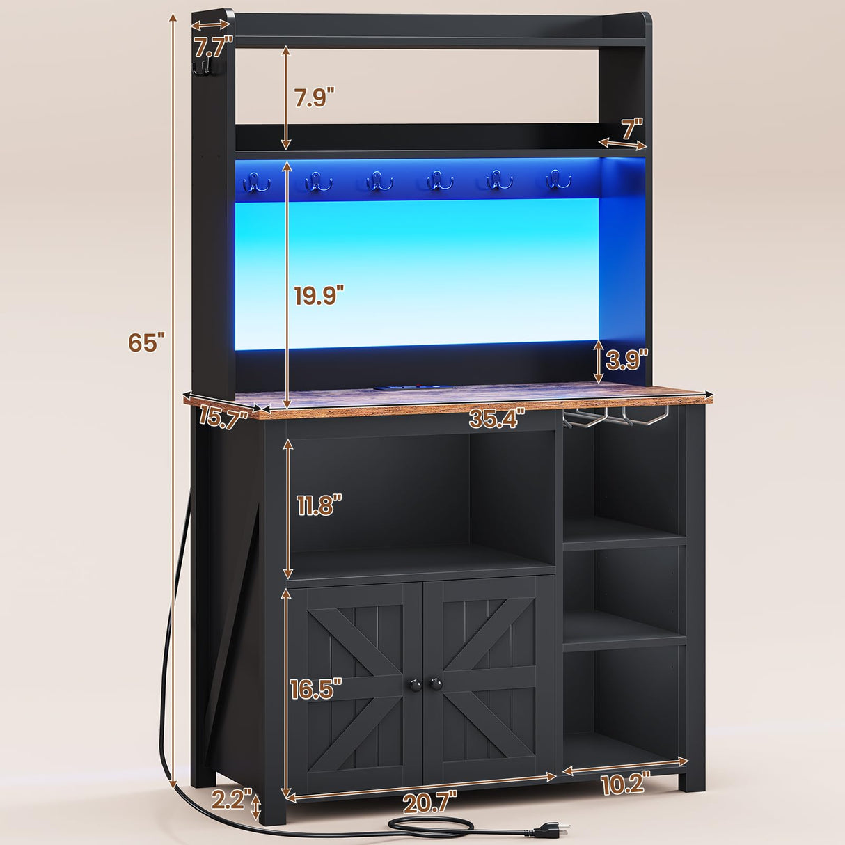 Itaar 35.4 inch Coffee Bar Cabinet, Bakers Rack with Power Outlet and Storage, Farmhouse Microwave Stand Kitchen Cabinet with Hutch, LED Lights, Wine Glass Holder and 8 Hooks, Black Itaar