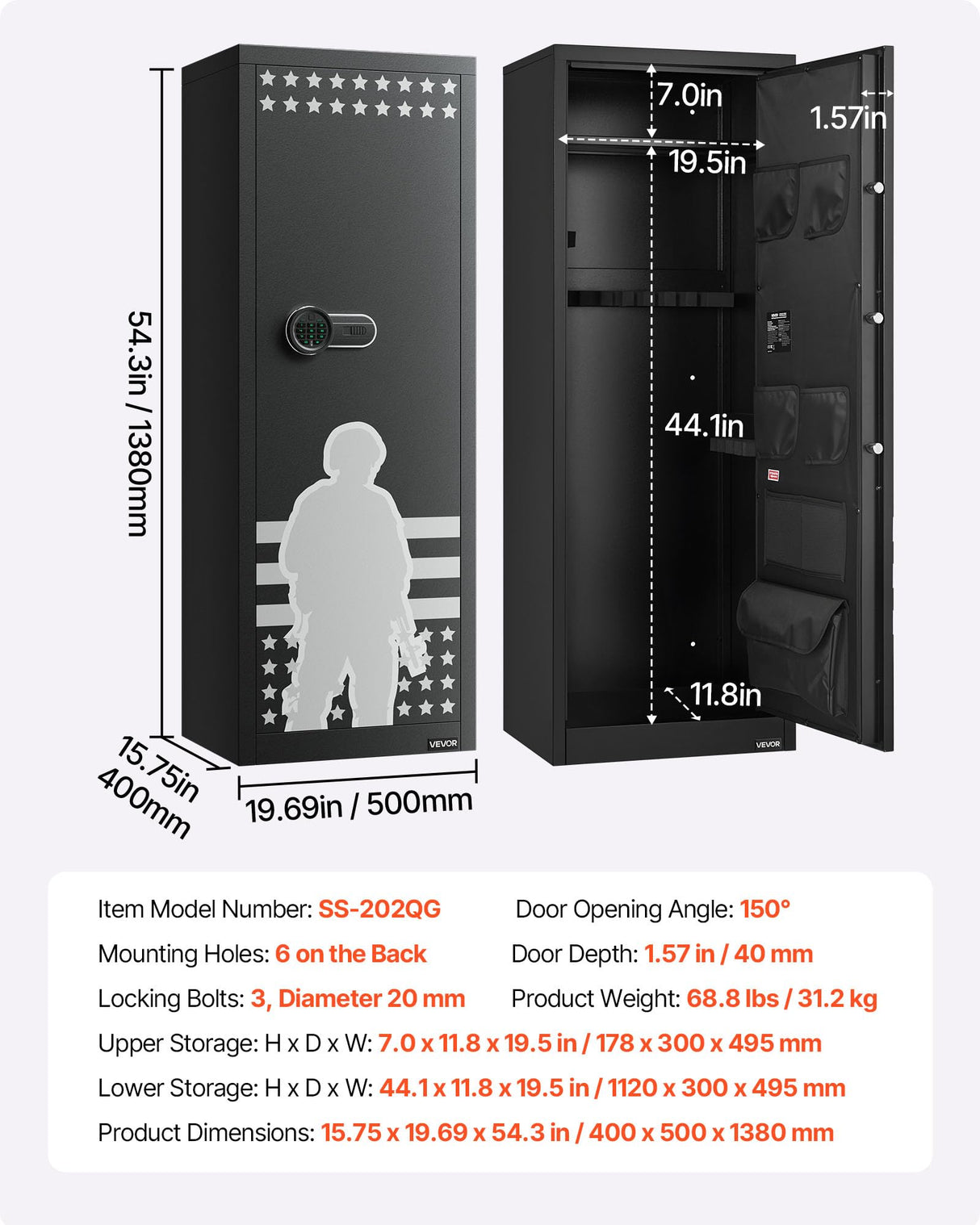 VEVOR 10-12 Gun Safe, Long Gun Cabinet for Rifles and Pistols, Quick Access Rifle Safe with 4 Pistol Pockets and 3 Adjustable Racks, Large Digital Cabinet with Key and Password Lock VEVOR