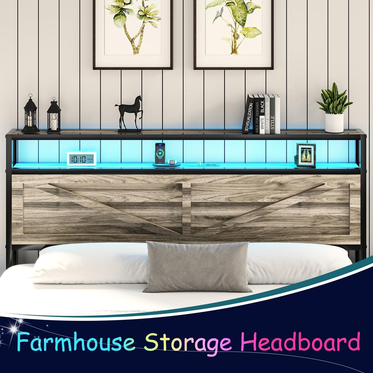 CHABUILDREARK Twin Bed Frame with Charging Station and LED Lights, Metal Platform Bed with Wood Storage Headboard, Rustic Barn Door Design, Noise Free, No Box Spring Needed, Wash Grey CHABUILDREARK