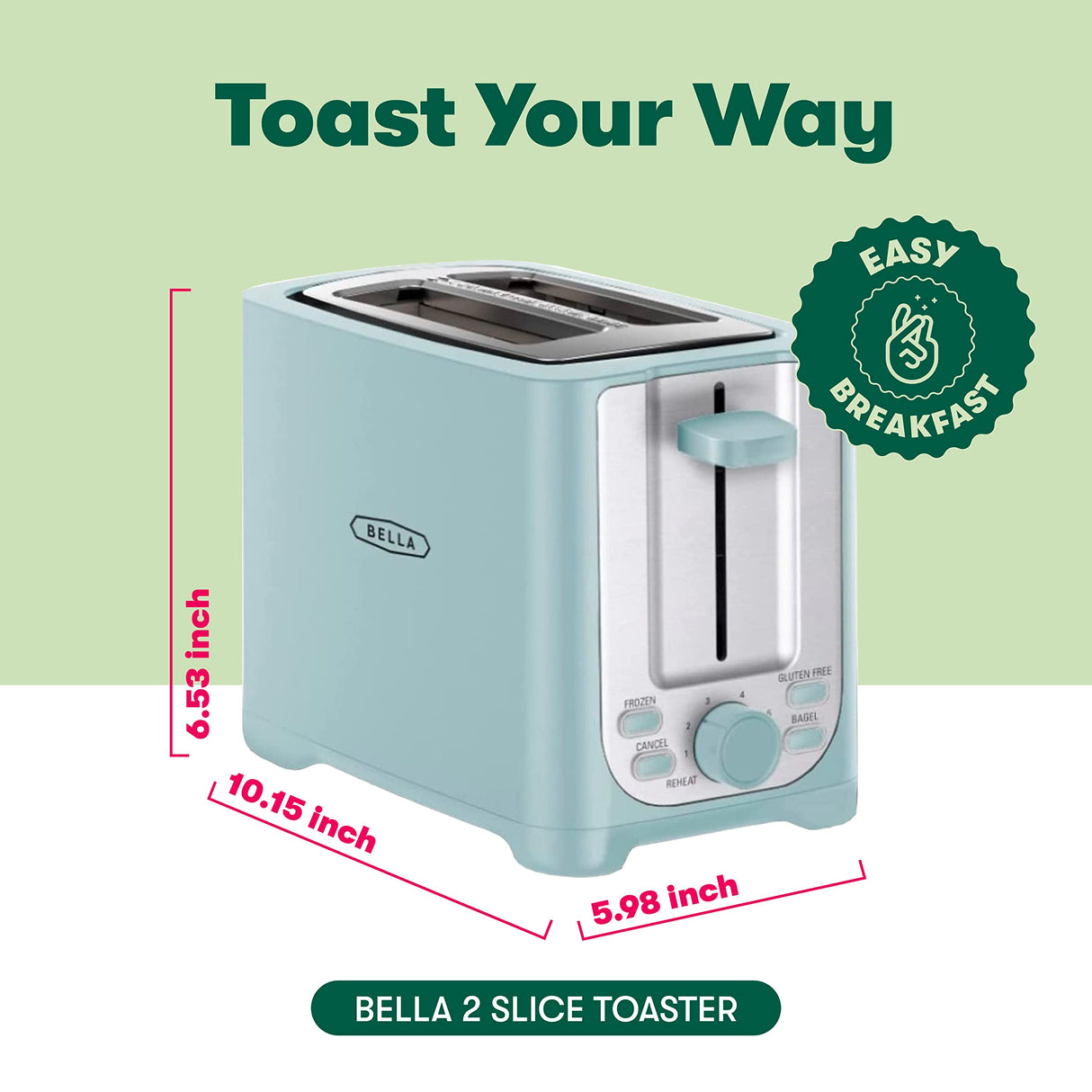 BELLA 2 Slice Toaster with Auto Shut Off - Extra Wide Slots & Removable Crumb Tray and Cancel, Defrost & Reheat Function - Toast Bread, Bagel & Waffle, Aqua BELLA