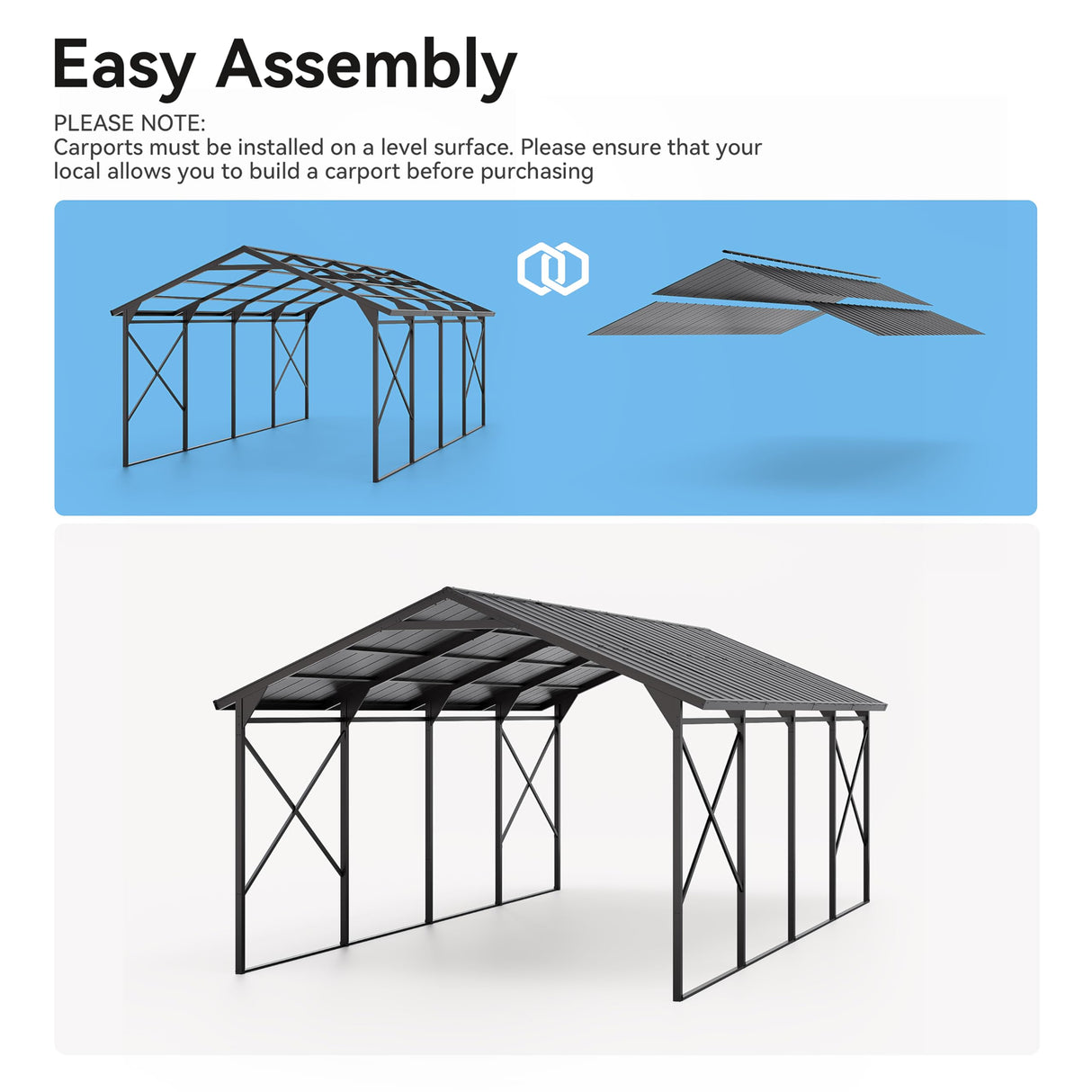 Kurapika 12x22 FT Metal Carport with Reinforced Base Outdoor Heavy Duty Car Port with Galvanized Steel Roof, Garage Car Shelter, Multi-Purpose Carports for Car, Truck and Boats Kurapika