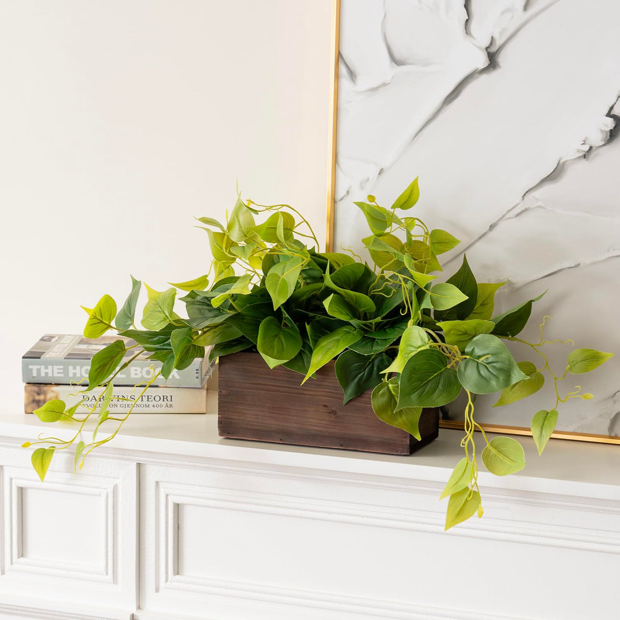 MyGift Vibrant Lifelike Artificial Plant Pothos Leafy Vine Greenery in Burnt Brown Solid Wood Rectangular Planter Box MyGift