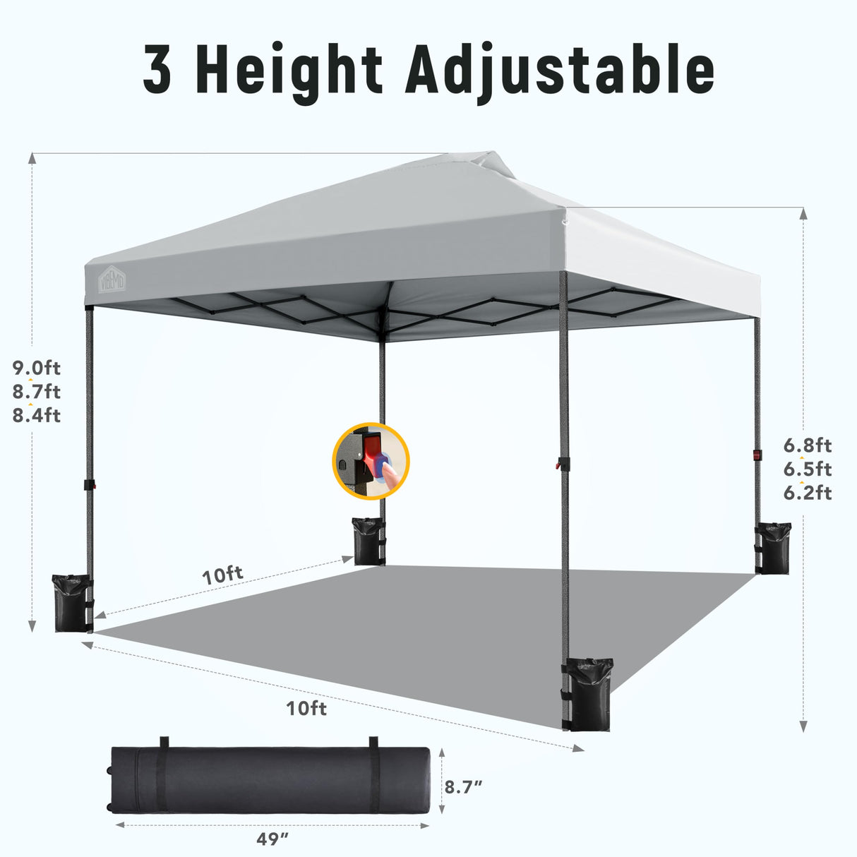 Vibemo Canopy Tent 10x10, 1-Person Setup Pop Up Canopy Tent with Roller Bag, 3 Adjustable Height, 4 Sandbags, 8 Stakes, 4 Guylines, Waterproof and UPF50+ Sun Protection Outdoor Canopy for Party,Beach Vibemo