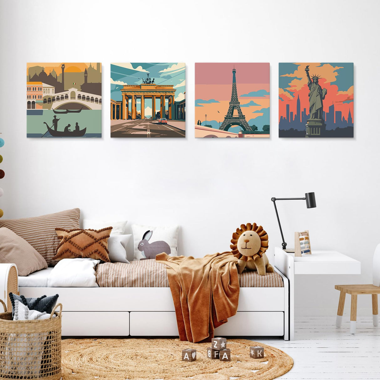 Qukle Framed City Travel Paint by Numbers for Kids Age 8-12, 4Pack Cityscape Painting by Numbers Kits Adults Boys Girls, Painting on Canvas DIY Acrylic Arts for Home Decor 20x20cm Qukle