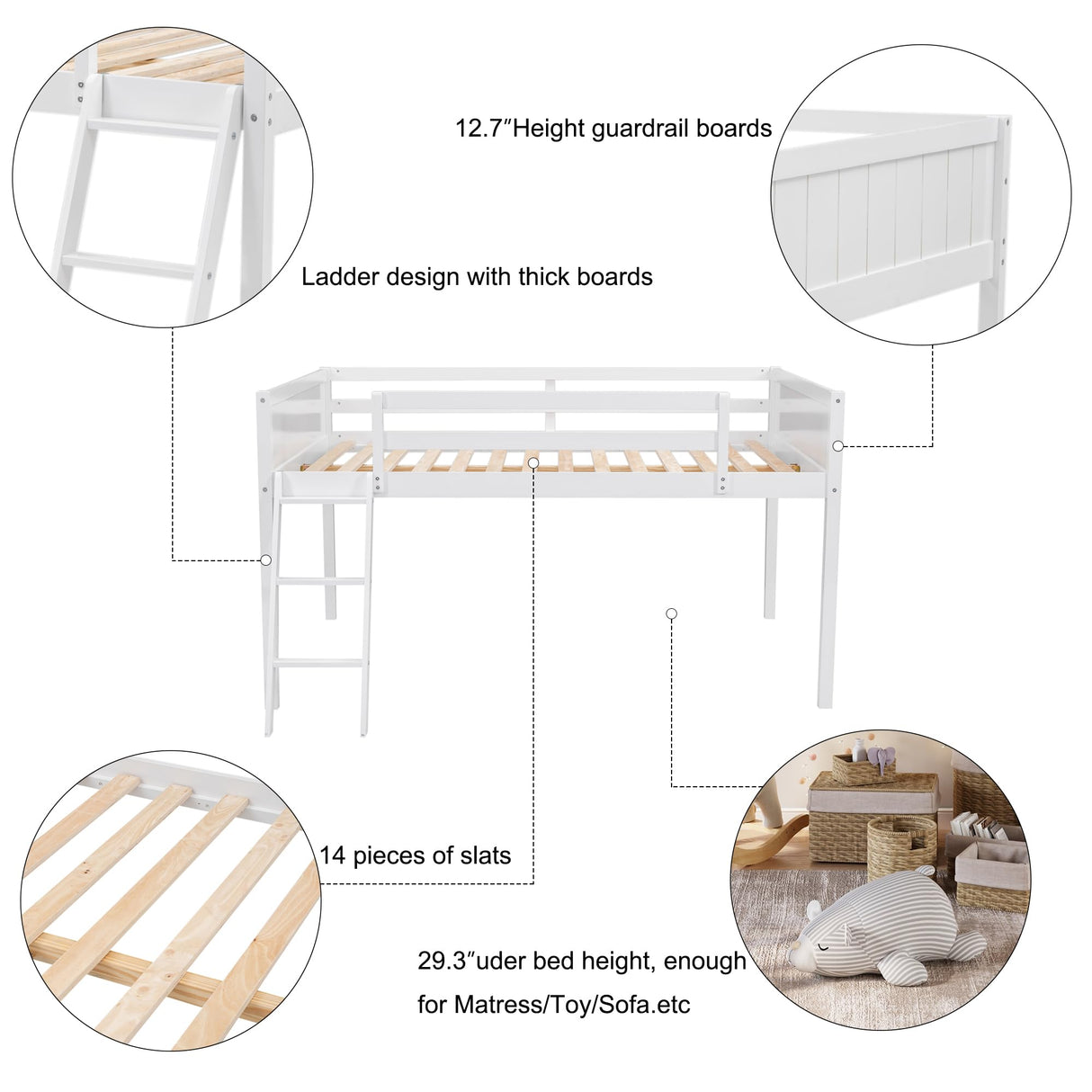 Merax Low Loft Bed: Wooden loftBed with Ladder, Low Loft with Full Guardrail,Ladder can be Placed on The Left or Right, Full Size,White Merax