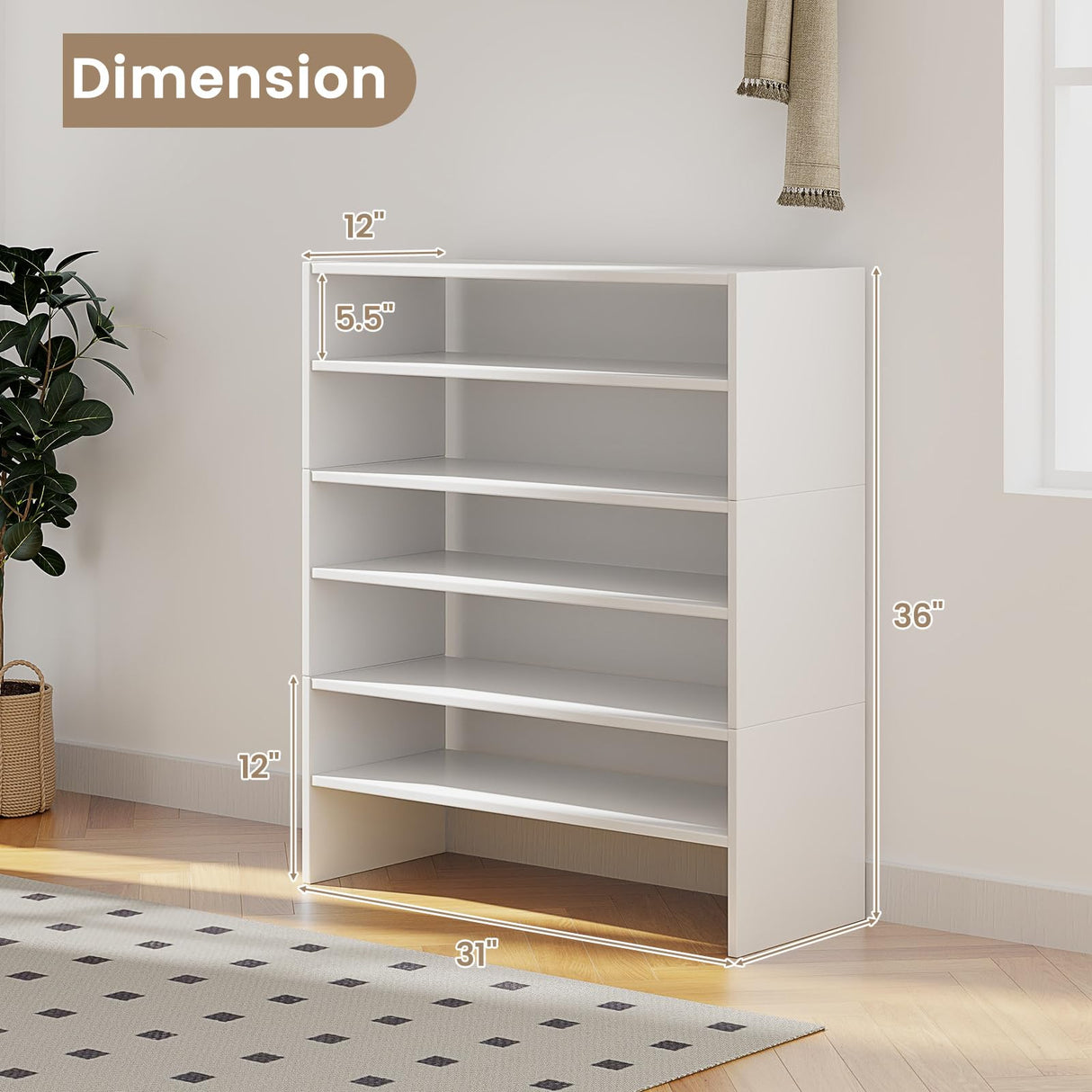 COSTWAY 6-Tier Shoe Rack, Extra Wide Shoe Shelf Organizer with Stackable Design, 31" Freestanding Storage Shoe Stand for Small Space Entryway Hallway Closet (White) COSTWAY